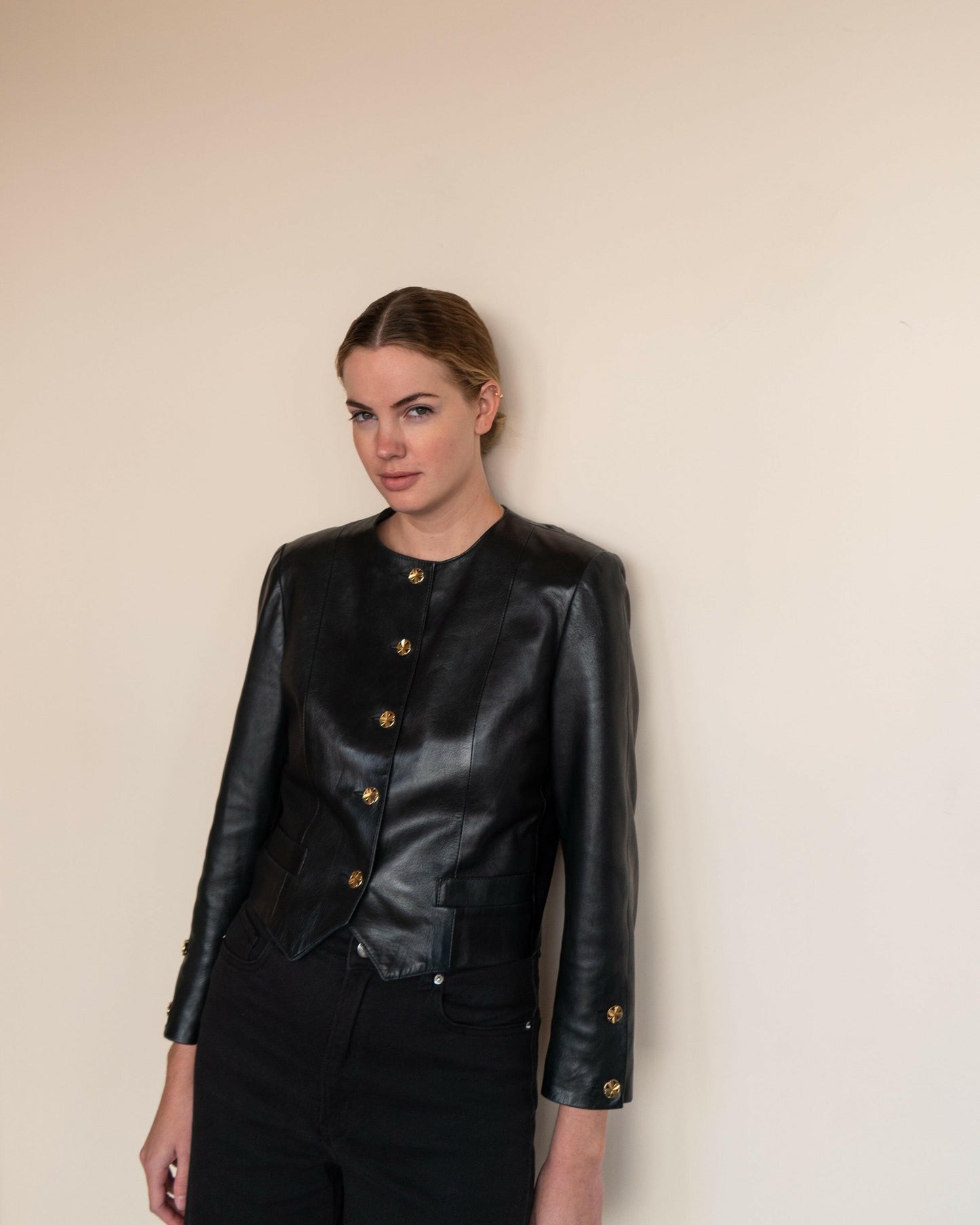 FR40-42 Chanel 1980s Colarless Two-Pocketed Black Leather Jacket - Vintage Chanel Jacket - - Rarchive.