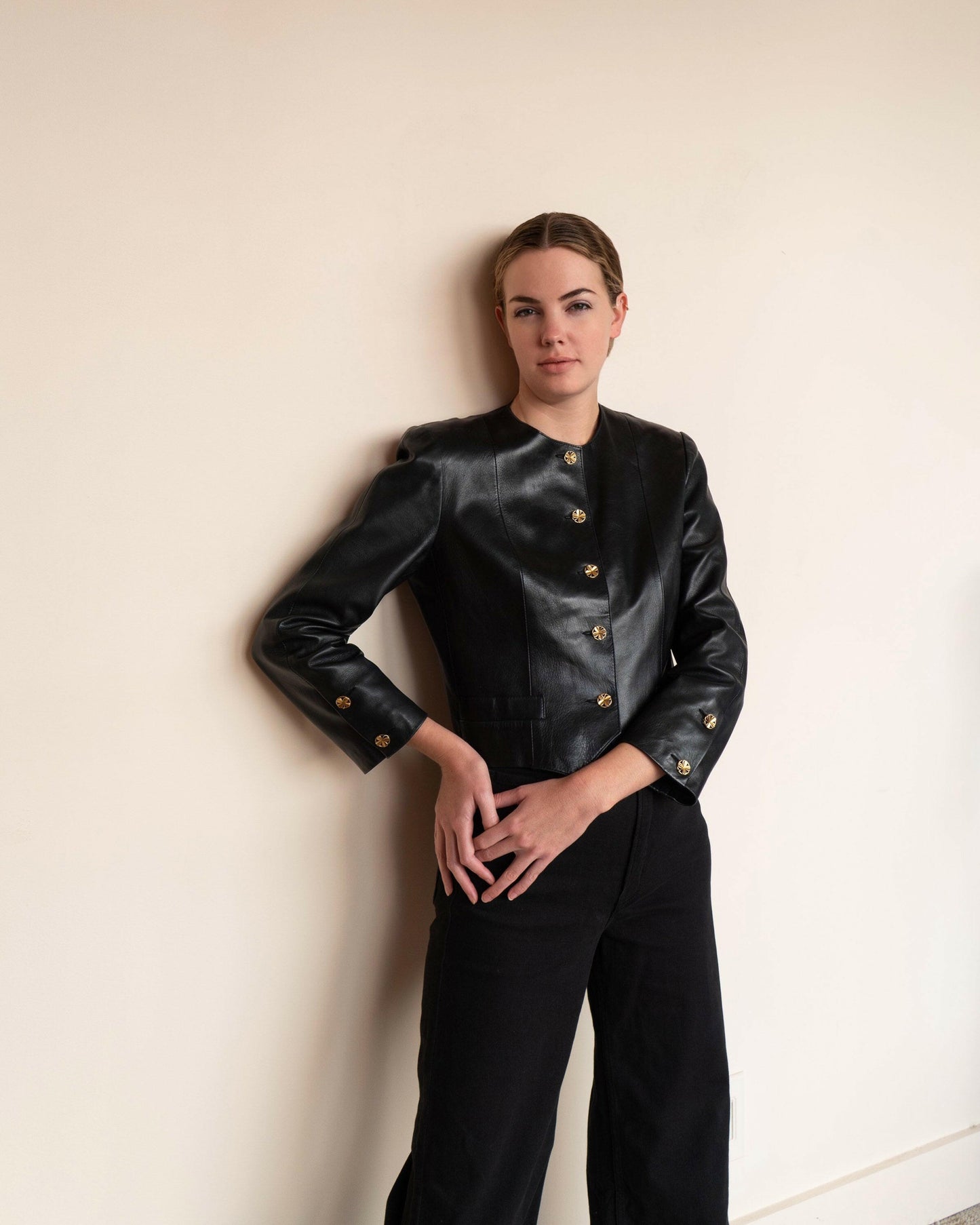 FR40-42 Chanel 1980s Colarless Two-Pocketed Black Leather Jacket - Vintage Chanel Jacket - - Rarchive.