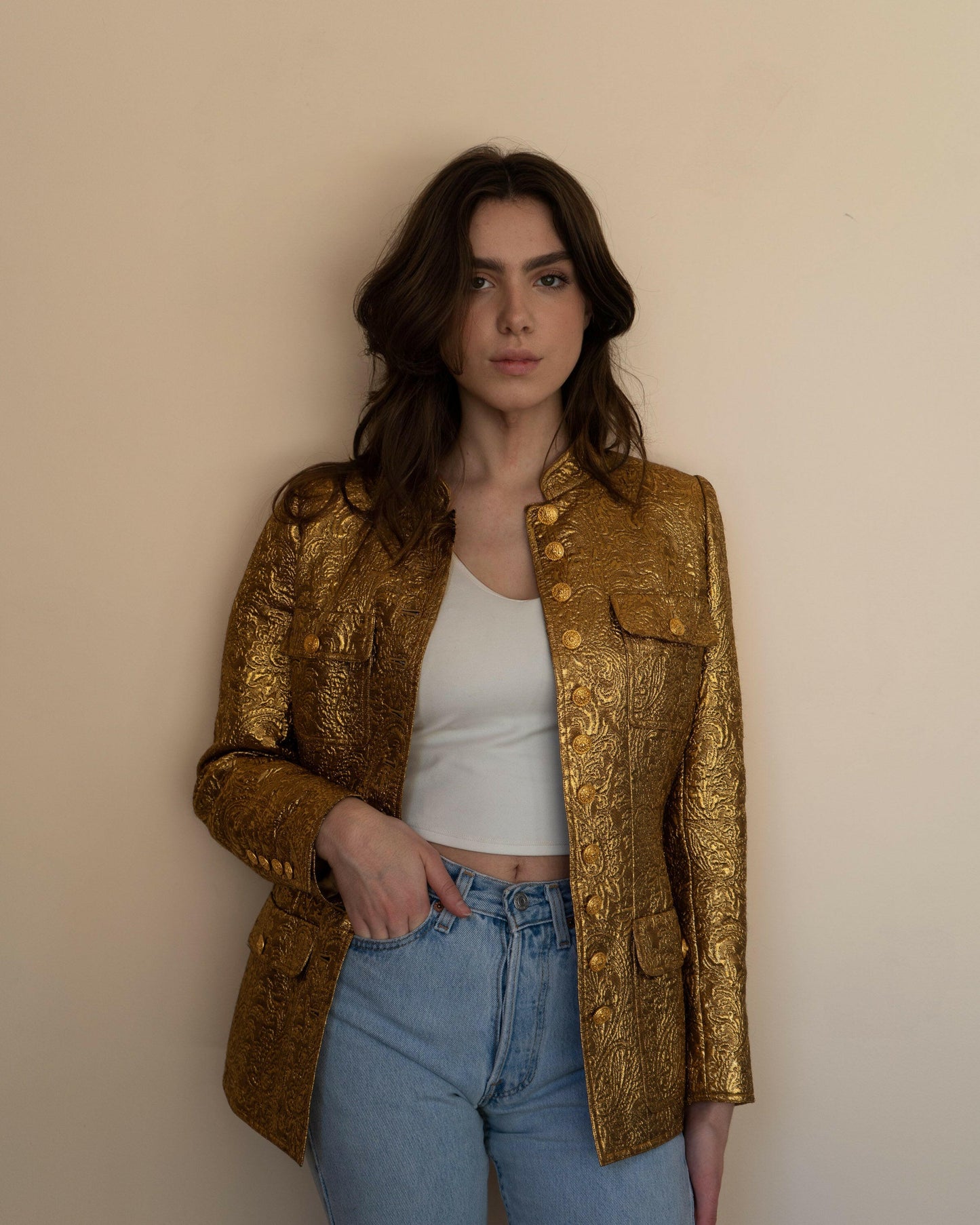 FR38-40 Rare Chanel Fall 1996 High Collar Four-Pocketed Gold Brocade Jacket - Vintage Chanel Jacket - - Rarchive.