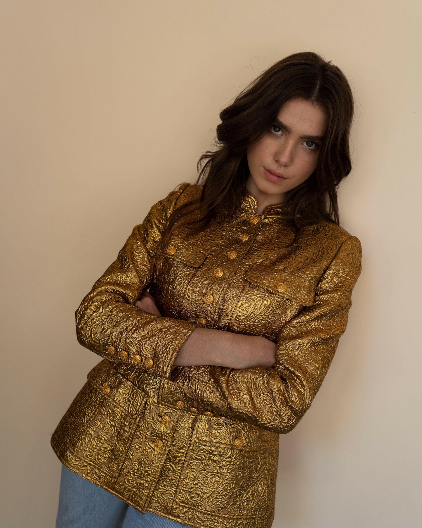 FR38-40 Rare Chanel Fall 1996 High Collar Four-Pocketed Gold Brocade Jacket - Vintage Chanel Jacket - - Rarchive.