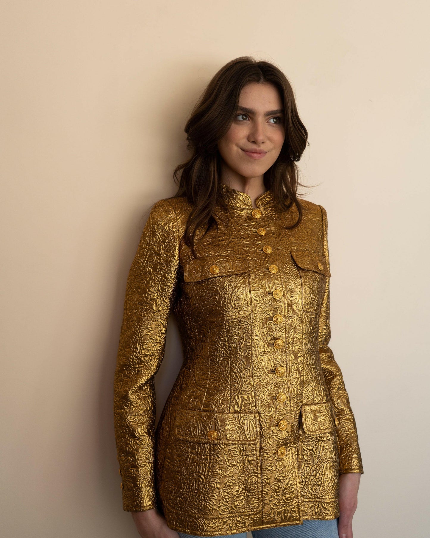 FR38-40 Rare Chanel Fall 1996 High Collar Four-Pocketed Gold Brocade Jacket - Vintage Chanel Jacket - - Rarchive.