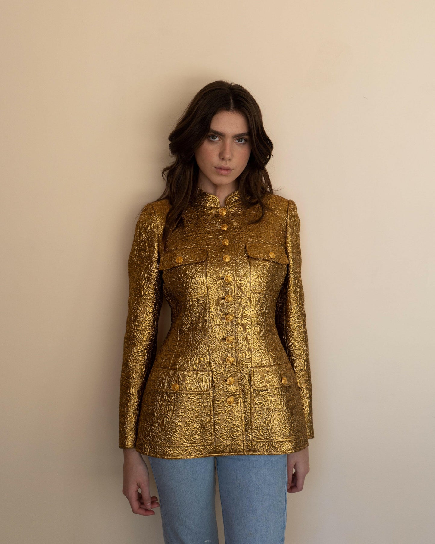 FR38-40 Rare Chanel Fall 1996 High Collar Four-Pocketed Gold Brocade Jacket - Vintage Chanel Jacket - - Rarchive.