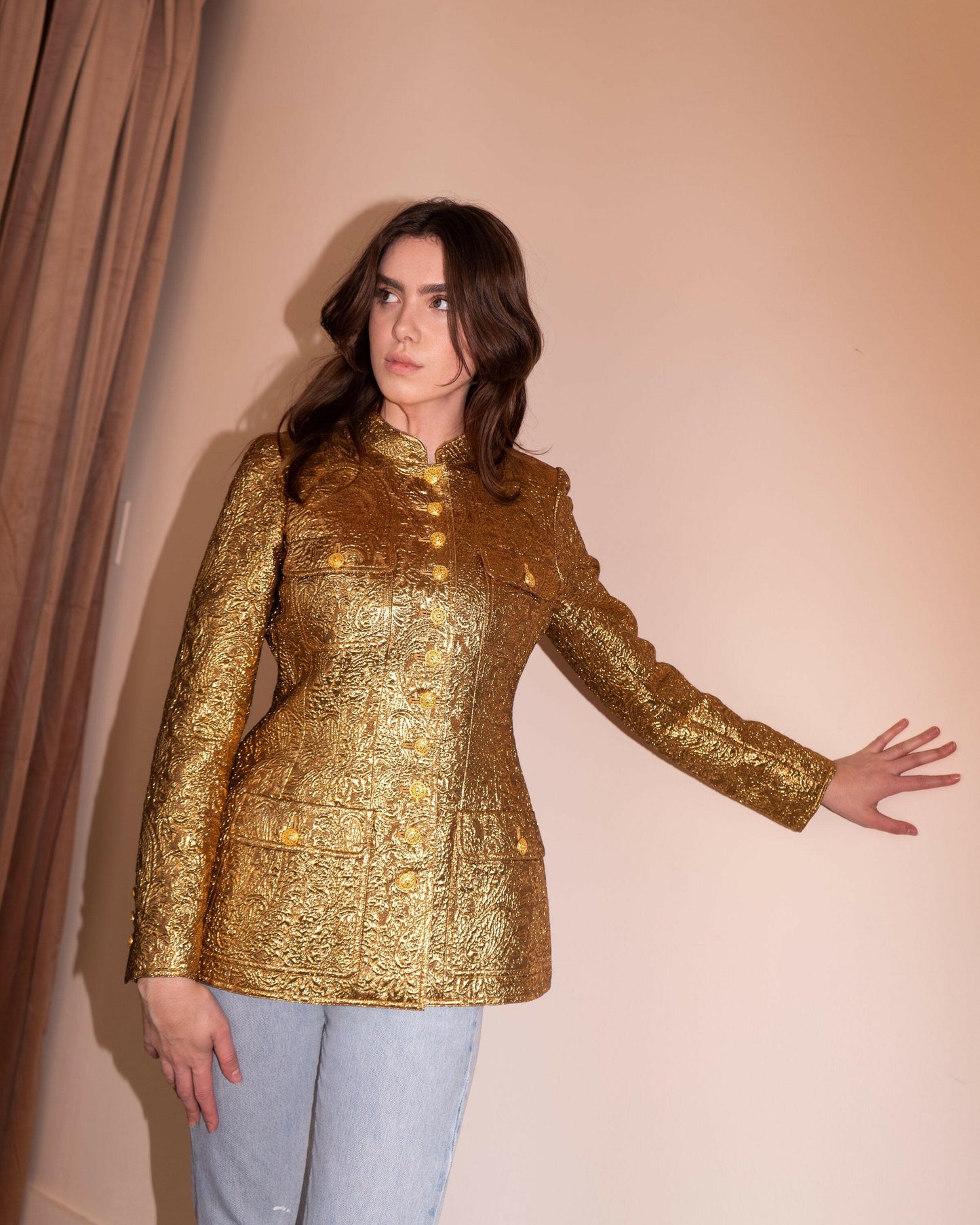 FR38-40 Rare Chanel Fall 1996 High Collar Four-Pocketed Gold Brocade Jacket - Vintage Chanel Jacket - - Rarchive.