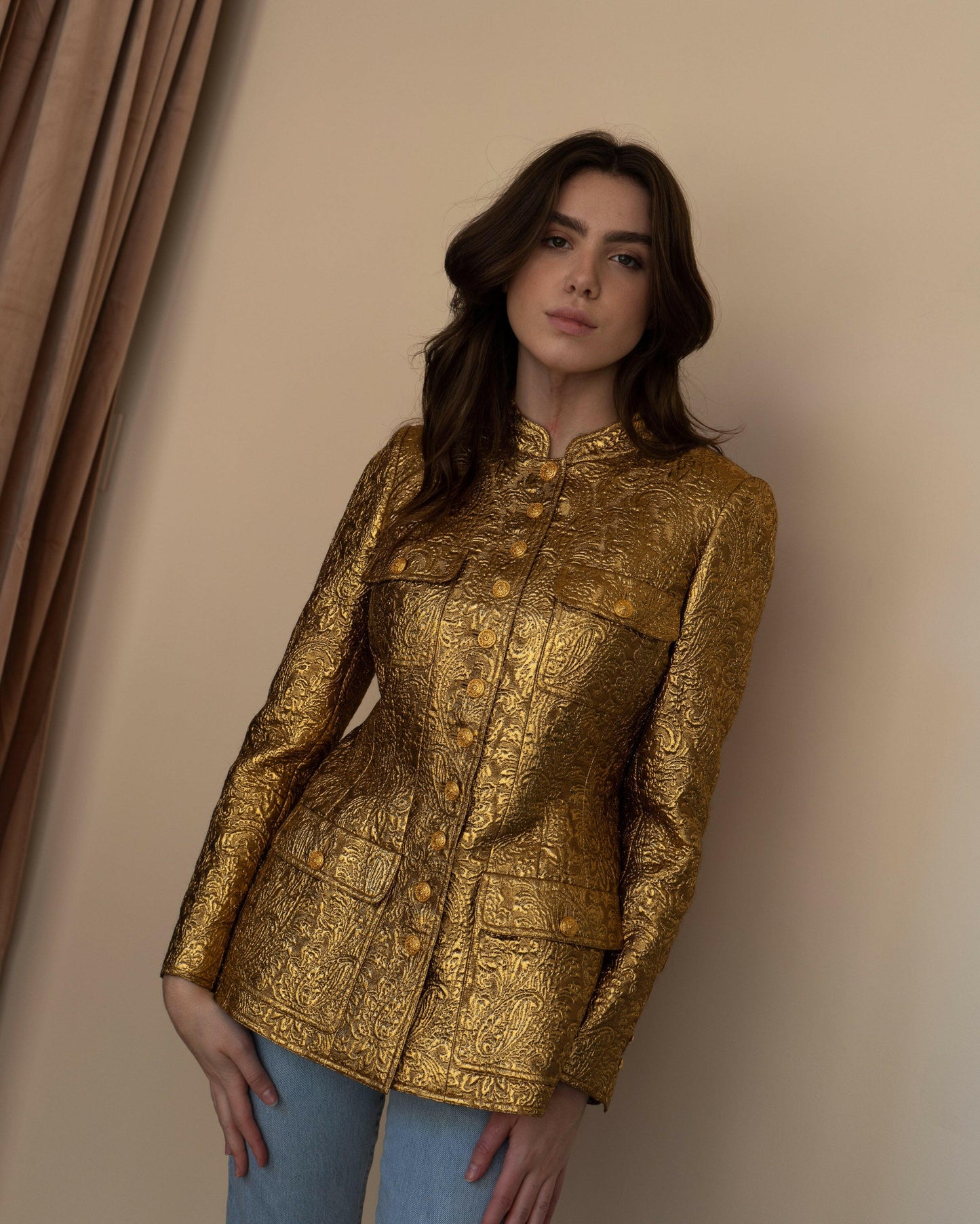 FR38-40 Rare Chanel Fall 1996 High Collar Four-Pocketed Gold Brocade Jacket - Vintage Chanel Jacket - - Rarchive.