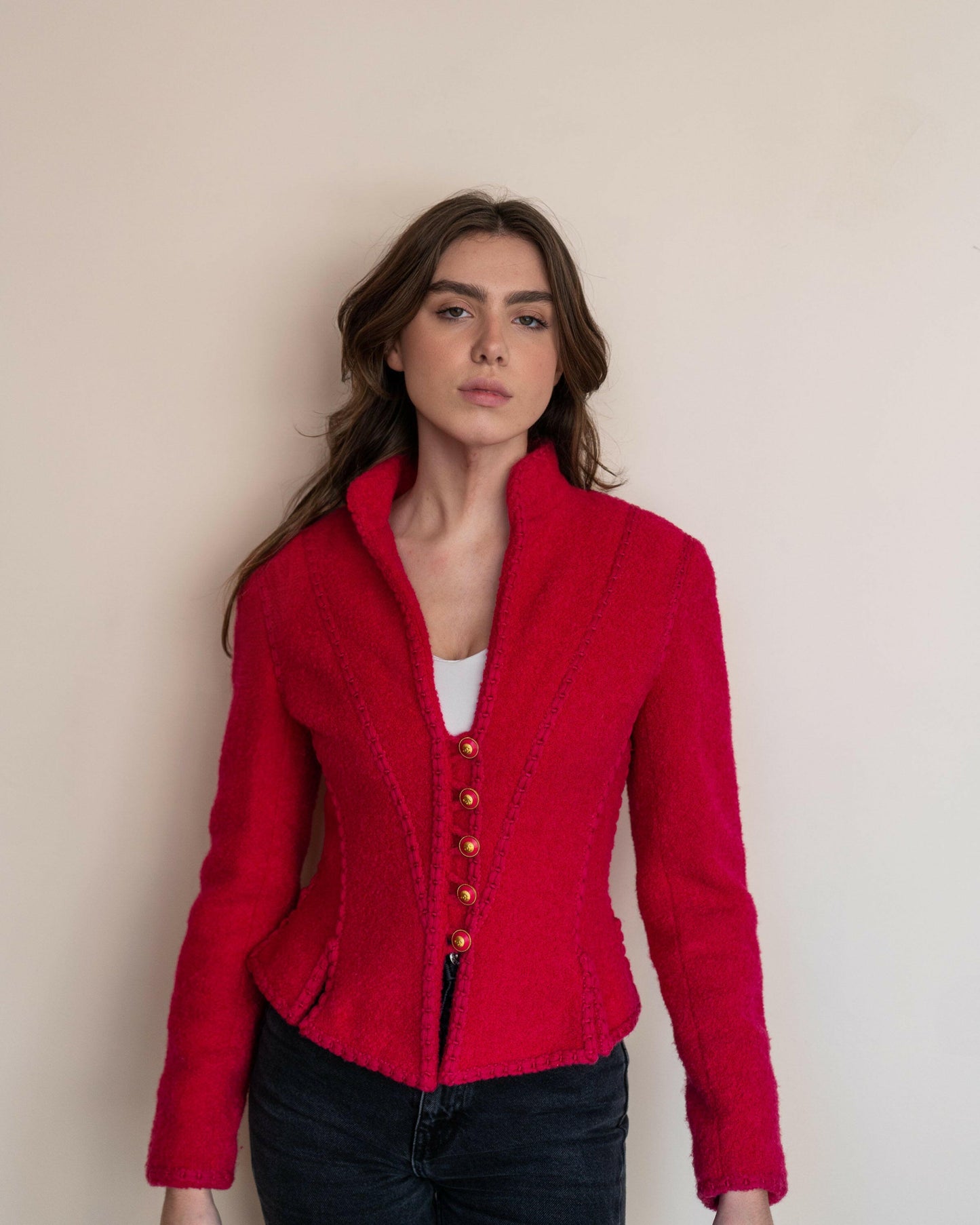 FR34-36 Rare Chanel Fall 1993 Fitted Cut Braided Trim Slit Detail Pink Wool Tweed Jacket