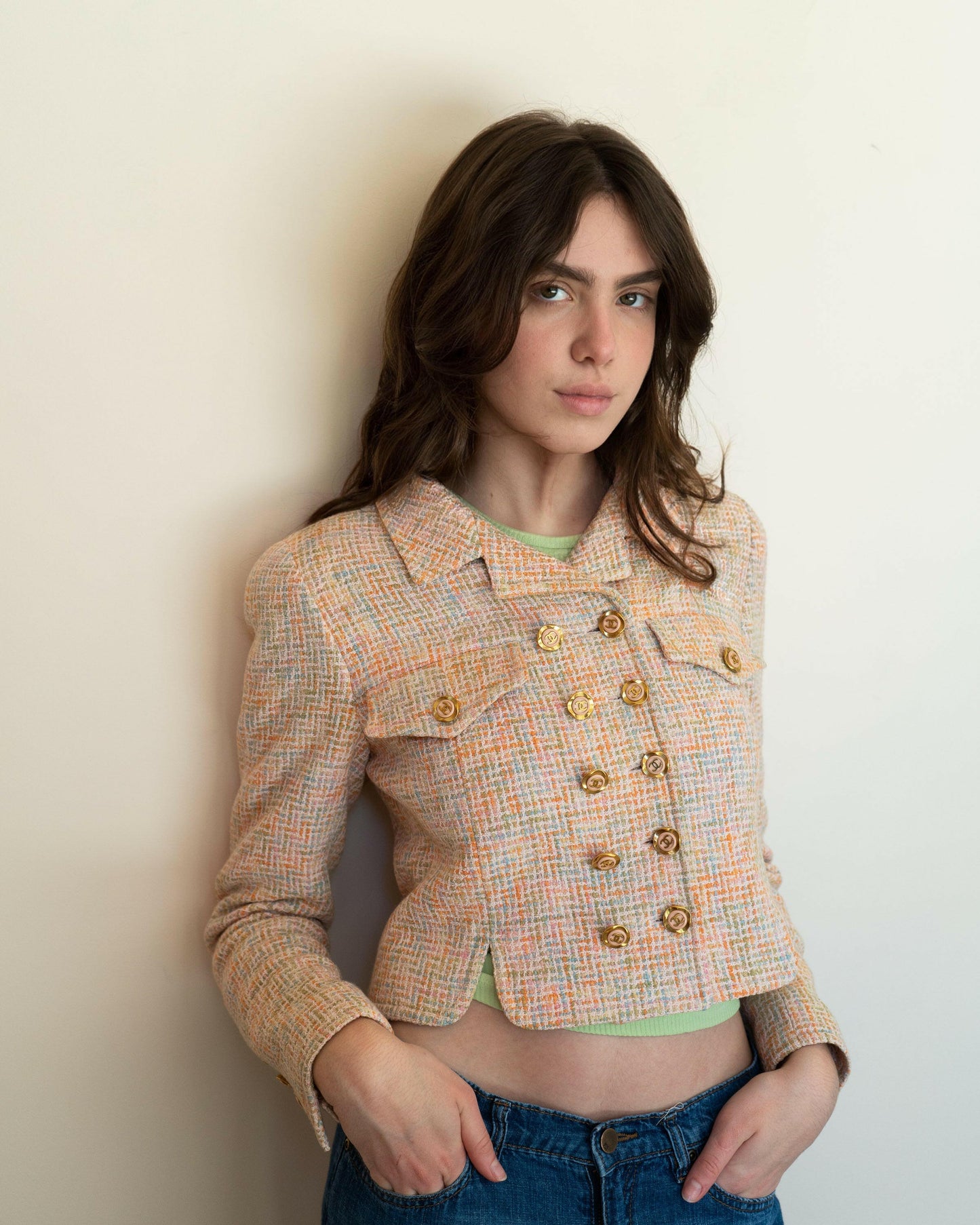 FR34-36 Rare Chanel Cruise 1994 Two Pocketed Cropped Multicolor Tweed Jacket - Vintage Chanel Jacket - - Rarchive.