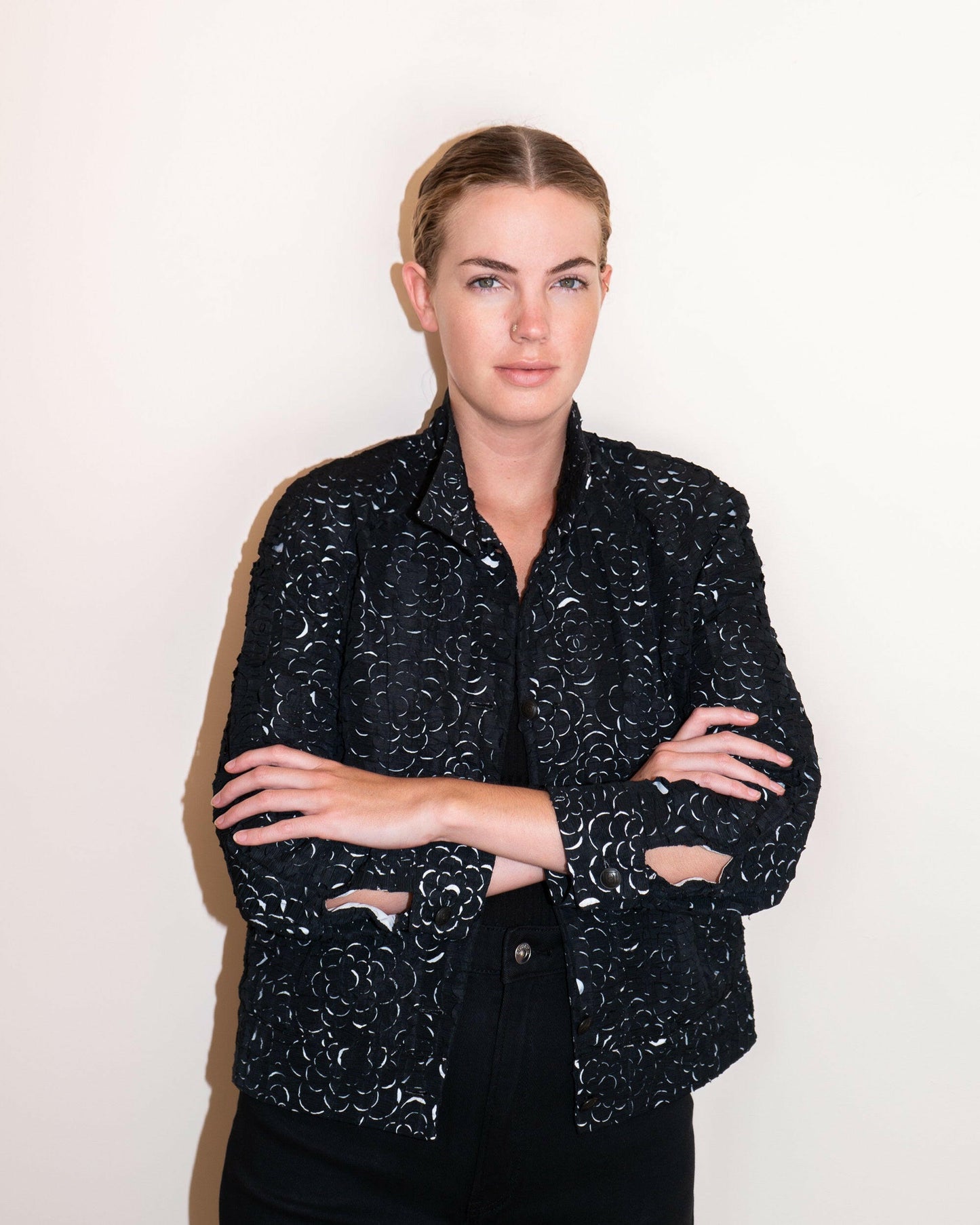 FR38-40 Chanel Spring 2009 Perforated Camellia Interlocking-C Logo Pattern Windbreaker - Vintage Chanel Jacket - - Rarchive.