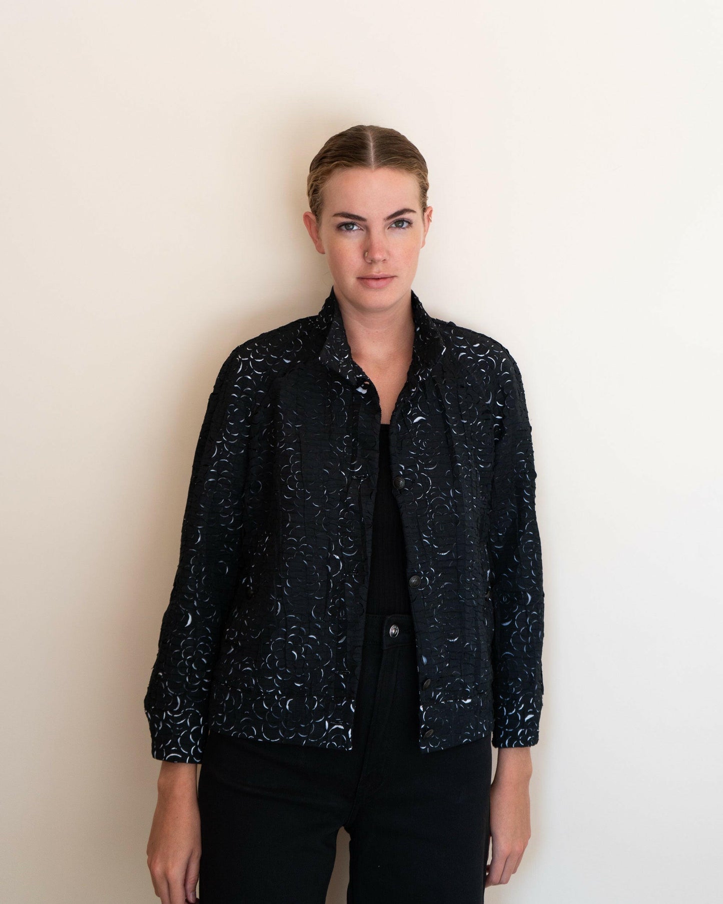 FR38-40 Chanel Spring 2009 Perforated Camellia Interlocking-C Logo Pattern Windbreaker - Vintage Chanel Jacket - - Rarchive.