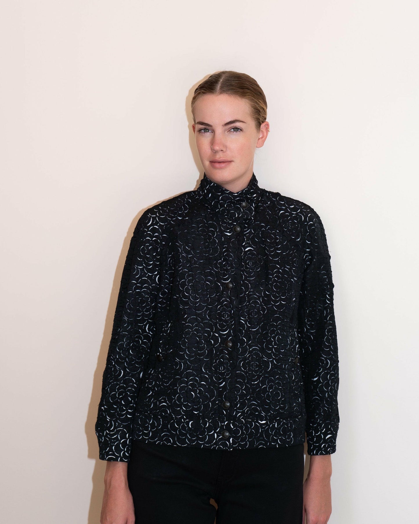 FR38-40 Chanel Spring 2009 Perforated Camellia Interlocking-C Logo Pattern Windbreaker - Vintage Chanel Jacket - - Rarchive.