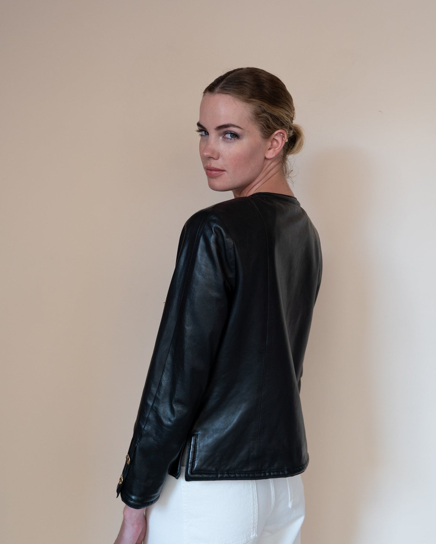 FR38-42 Rare Chanel Spring 1985 Four Pocketed Collarless Leather Jacket - Vintage Chanel Jacket - - Rarchive.