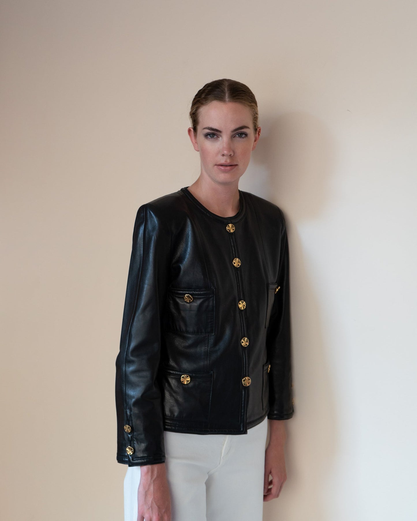 FR38-42 Rare Chanel Spring 1985 Four Pocketed Collarless Leather Jacket - Vintage Chanel Jacket - - Rarchive.