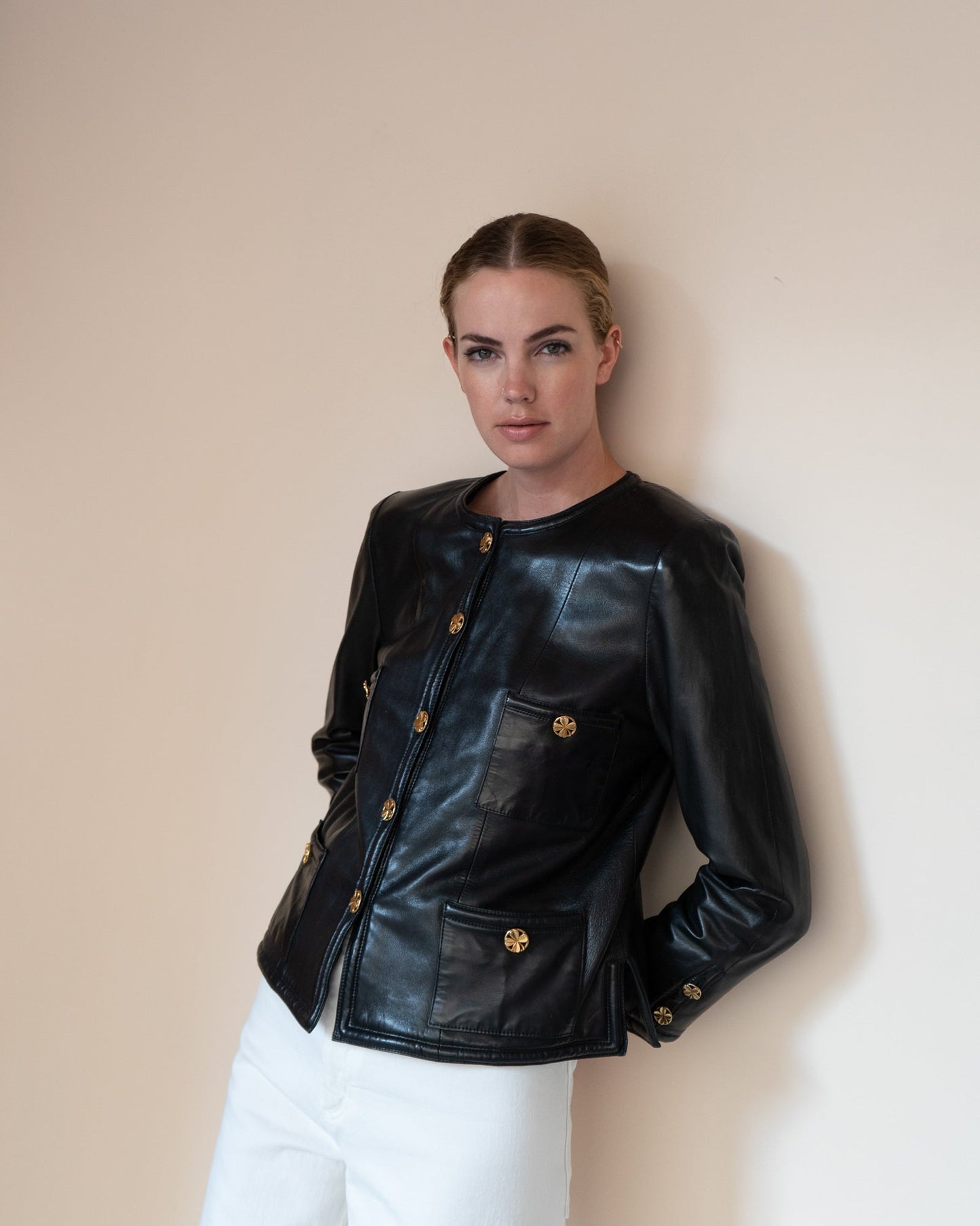 FR38-42 Rare Chanel Spring 1985 Four Pocketed Collarless Leather Jacket - Vintage Chanel Jacket - - Rarchive.