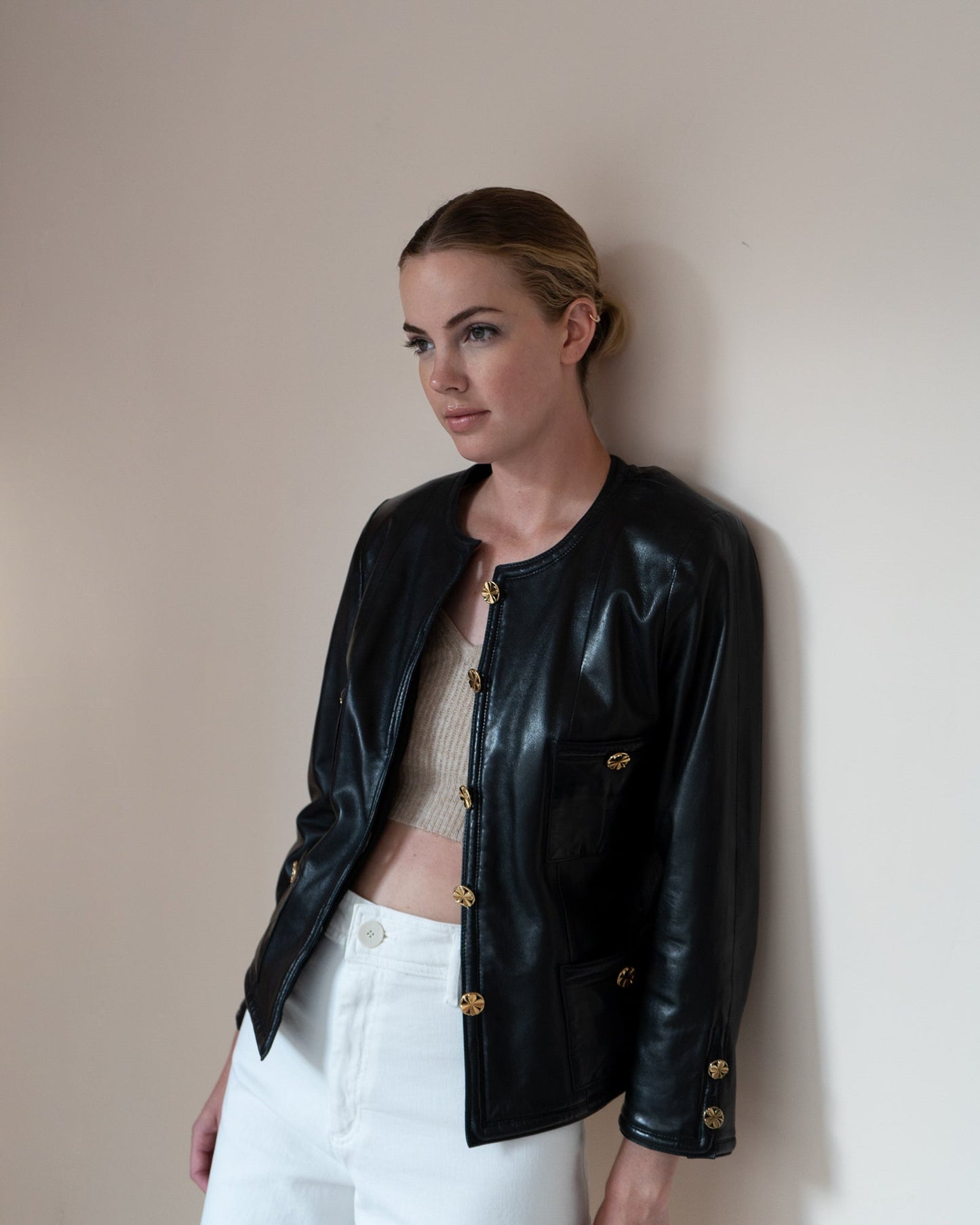 FR38-42 Rare Chanel Spring 1985 Four Pocketed Collarless Leather Jacket - Vintage Chanel Jacket - - Rarchive.