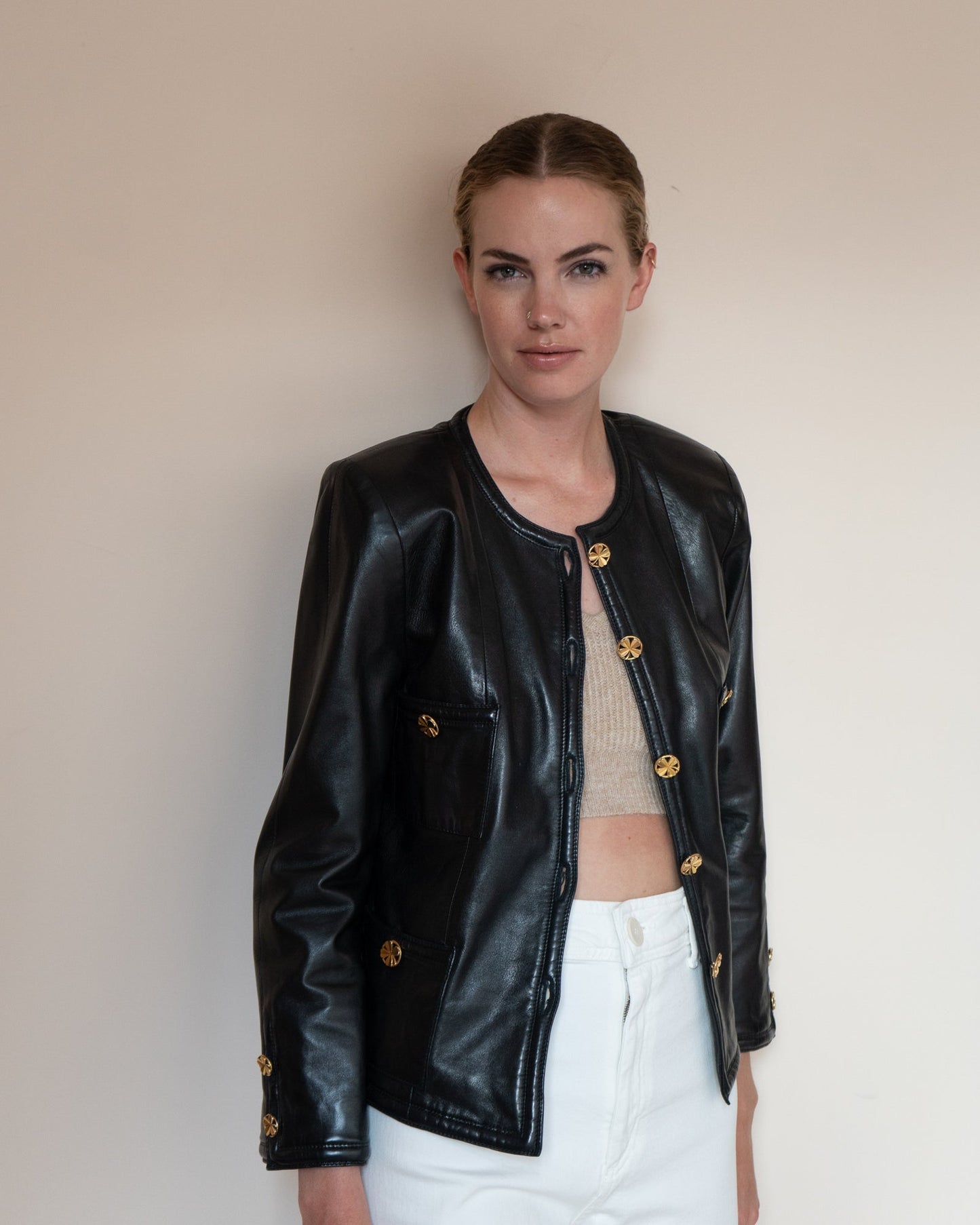 FR38-42 Rare Chanel Spring 1985 Four Pocketed Collarless Leather Jacket - Vintage Chanel Jacket - - Rarchive.