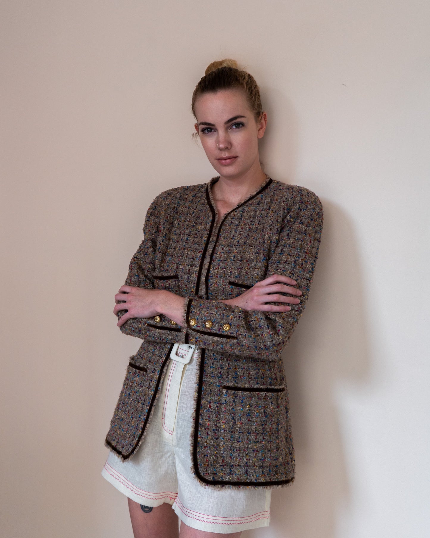 FR40-42 Chanel Fall 1990 Collarless Four-Pocketed Velvet Detail Multicolor Fantasy Tweed Jacket - Vintage Chanel Jacket - - Rarchive.