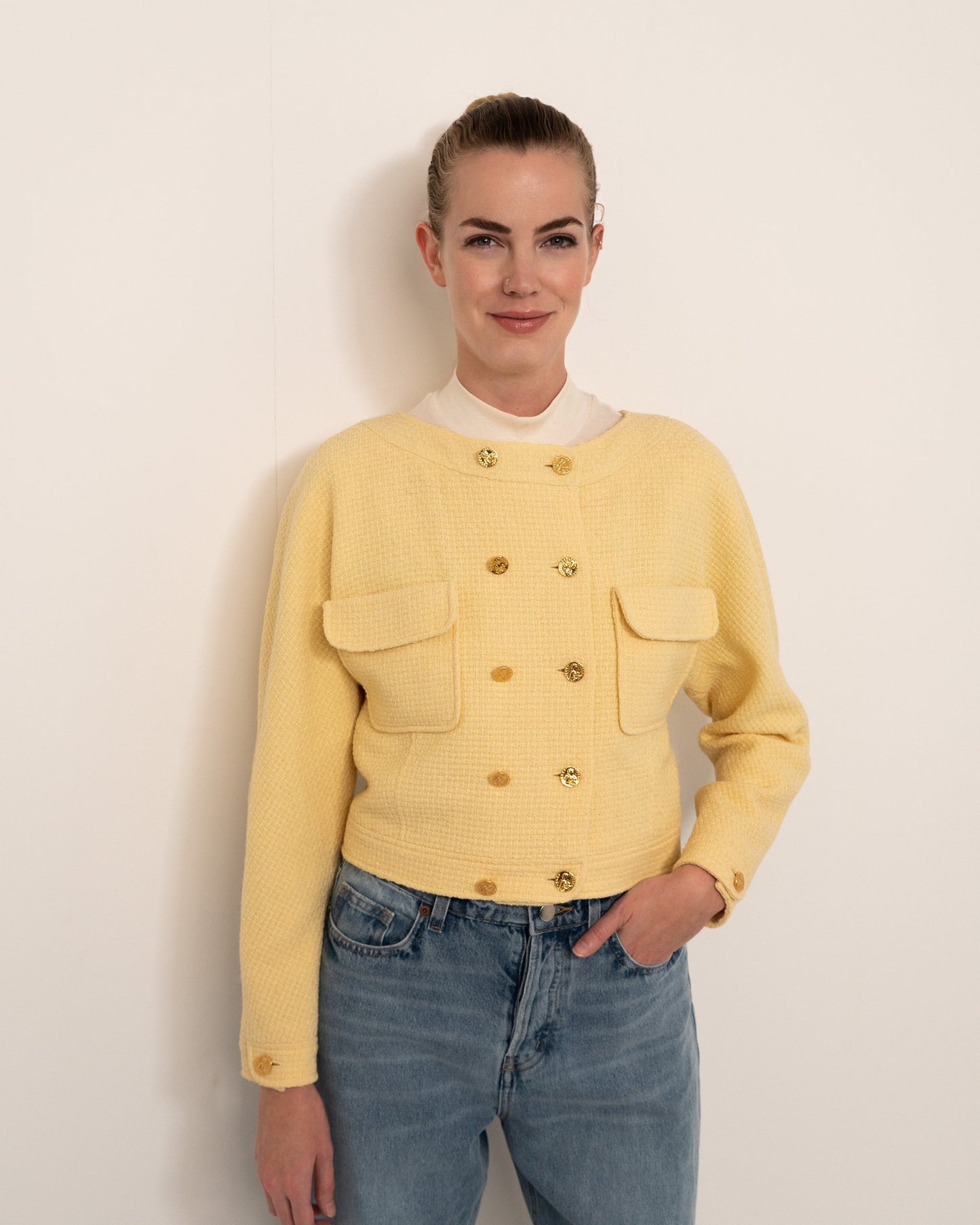 FR36 Chanel Spring 1988 Double-Breasted Cropped Jacket in Powder Yellow - Vintage Chanel Jacket - - Rarchive.