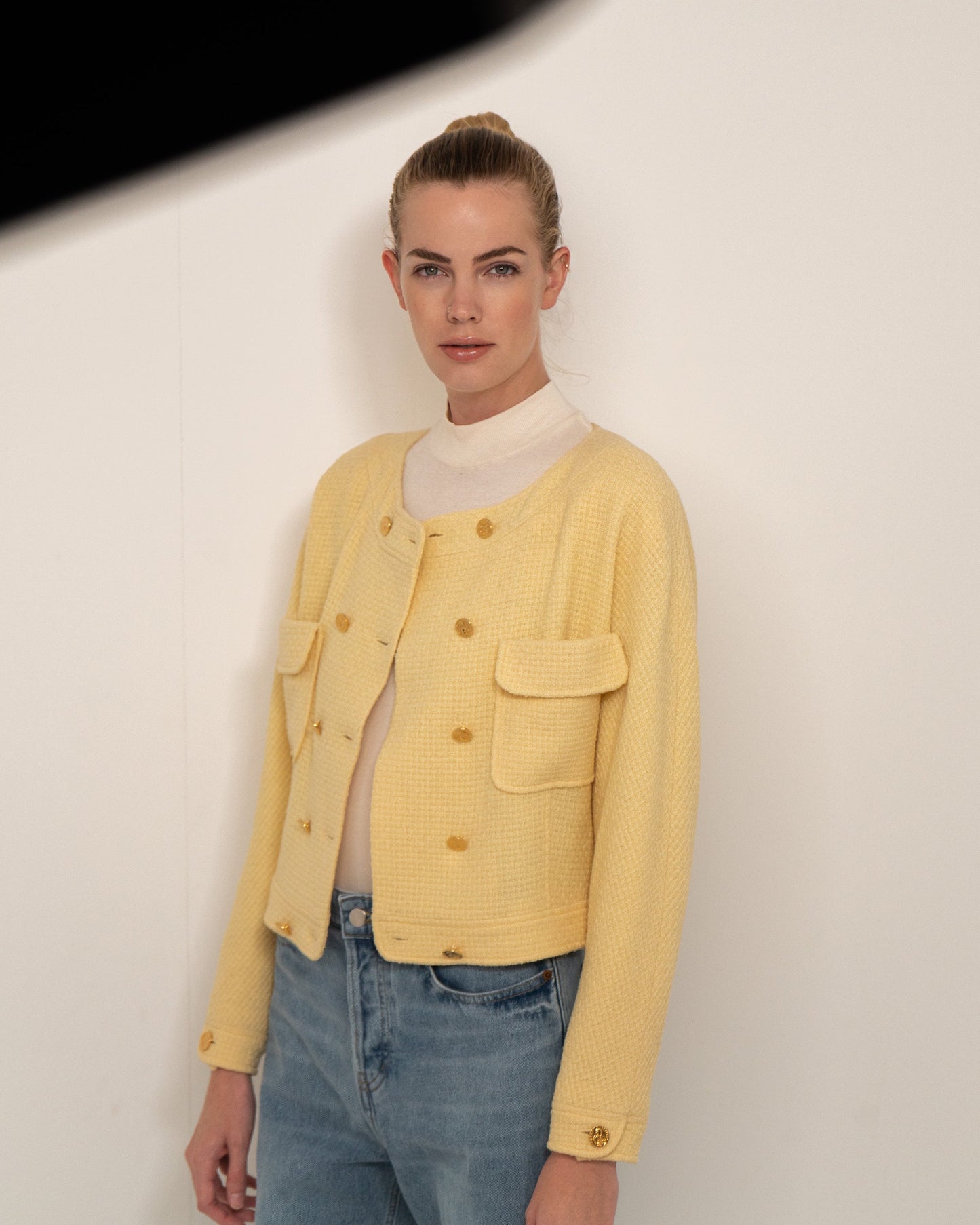 FR36 Chanel Spring 1988 Double-Breasted Cropped Jacket in Powder Yellow - Vintage Chanel Jacket - - Rarchive.