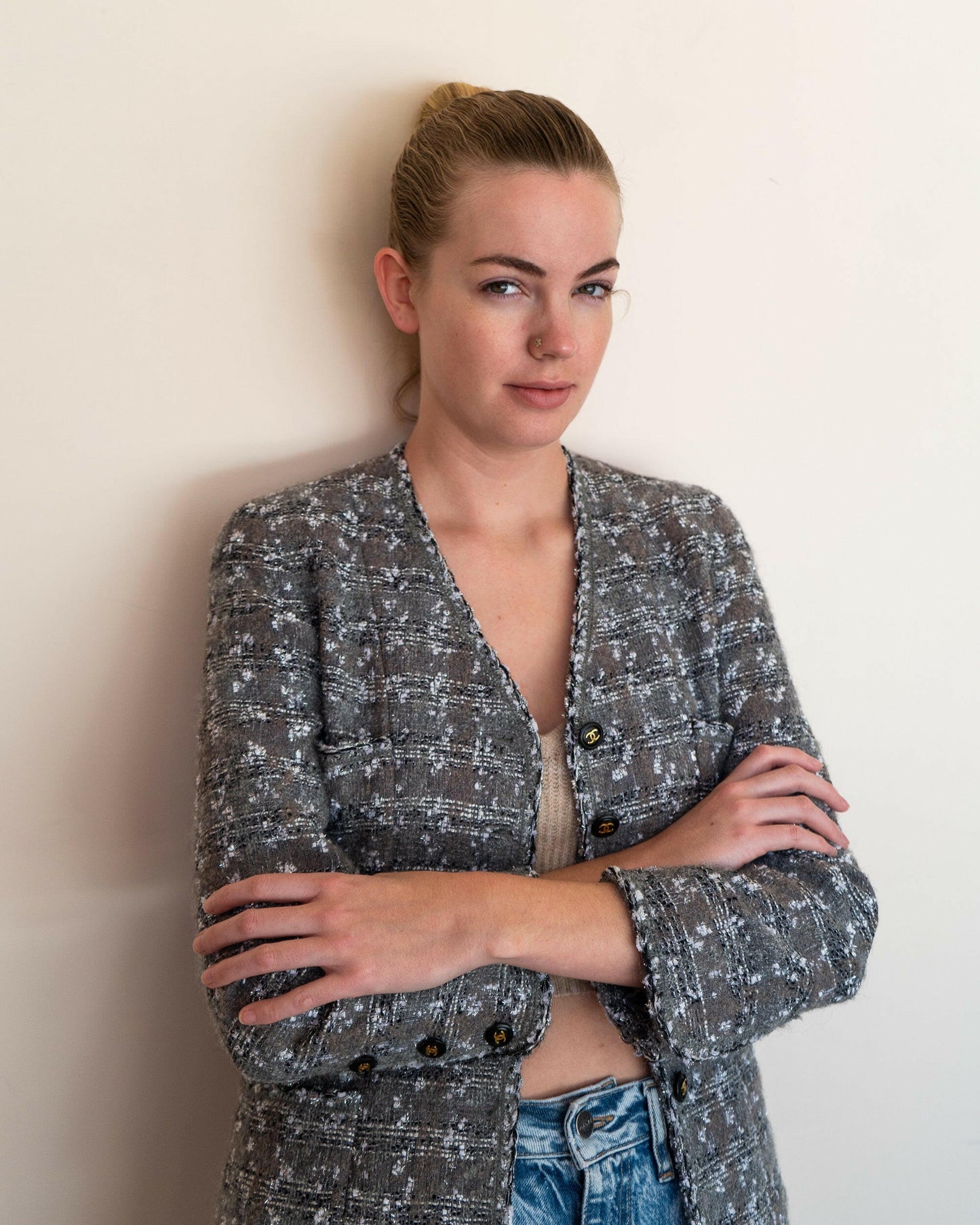 FR34-36 Rare Chanel Fall 1993 Four Pocketed Gray and Silver Fantasy Tweed Jacket - Vintage Chanel Jacket - - Rarchive.