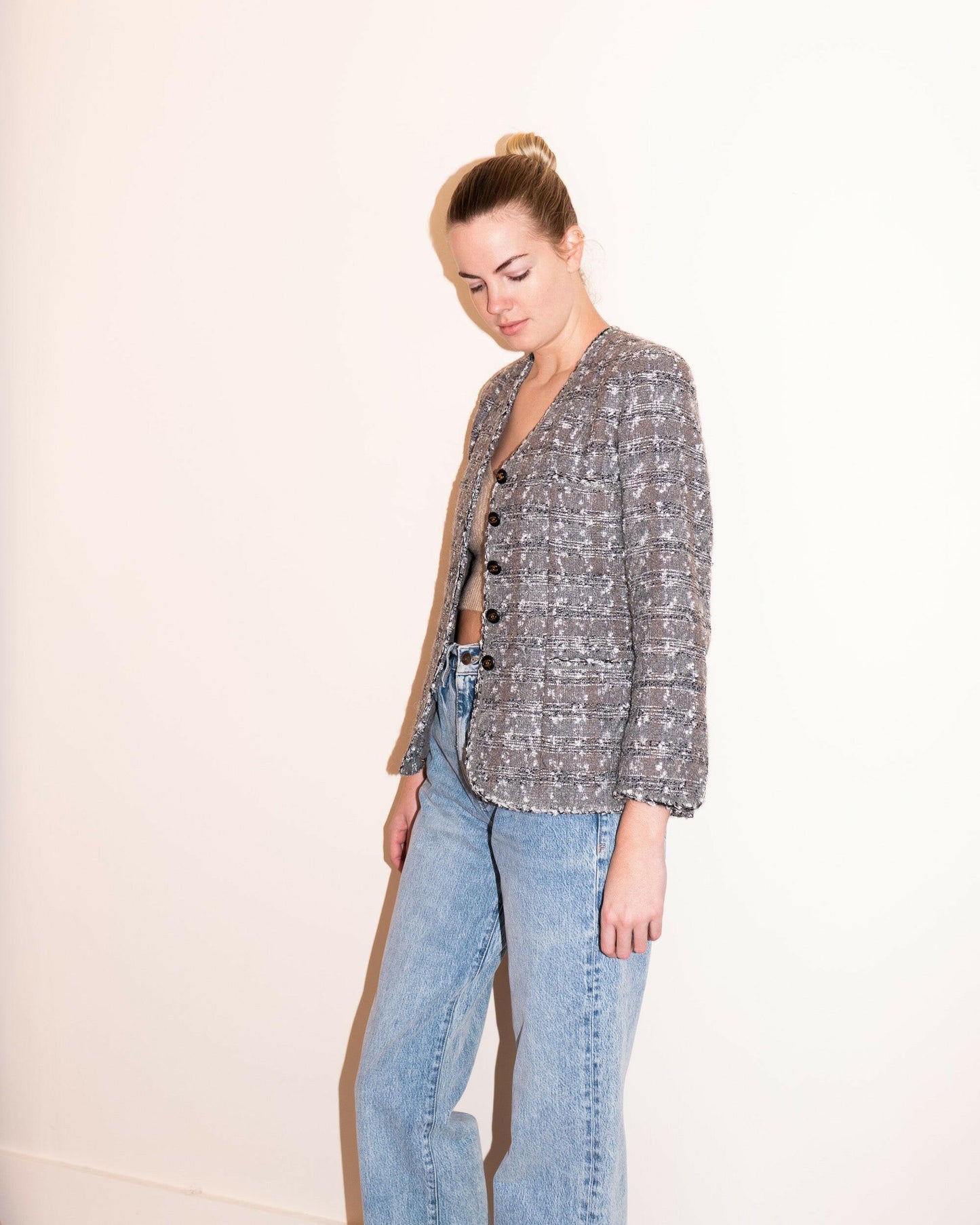 FR34-36 Rare Chanel Fall 1993 Four Pocketed Gray and Silver Fantasy Tweed Jacket - Vintage Chanel Jacket - - Rarchive.