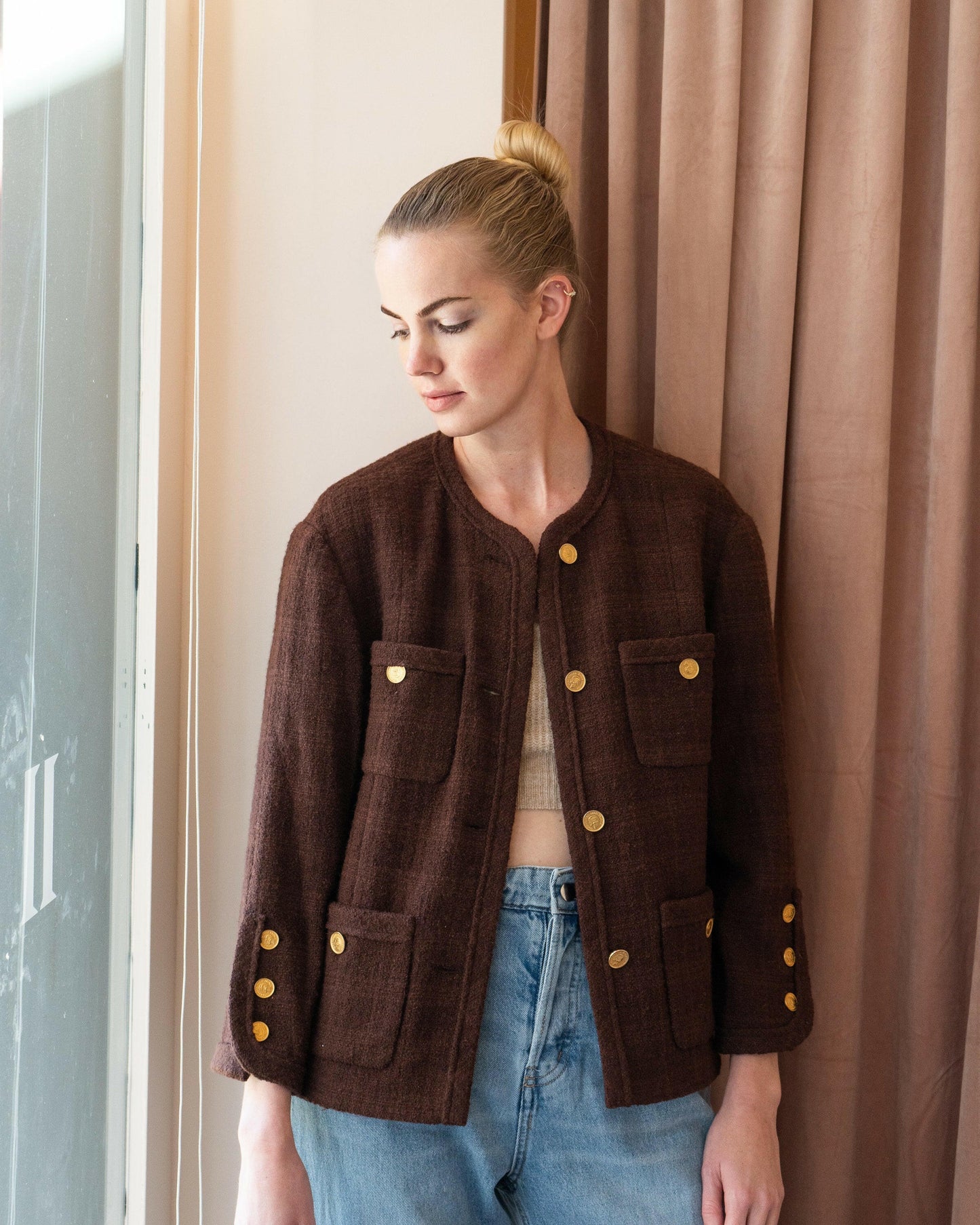 FR40-42 Rare Chanel Fall 1987 Classic Collarless Four-Pocketed Plaid Tweed Jacket in Chocolate - Vintage Chanel Jacket - Jacket - Rarchive.