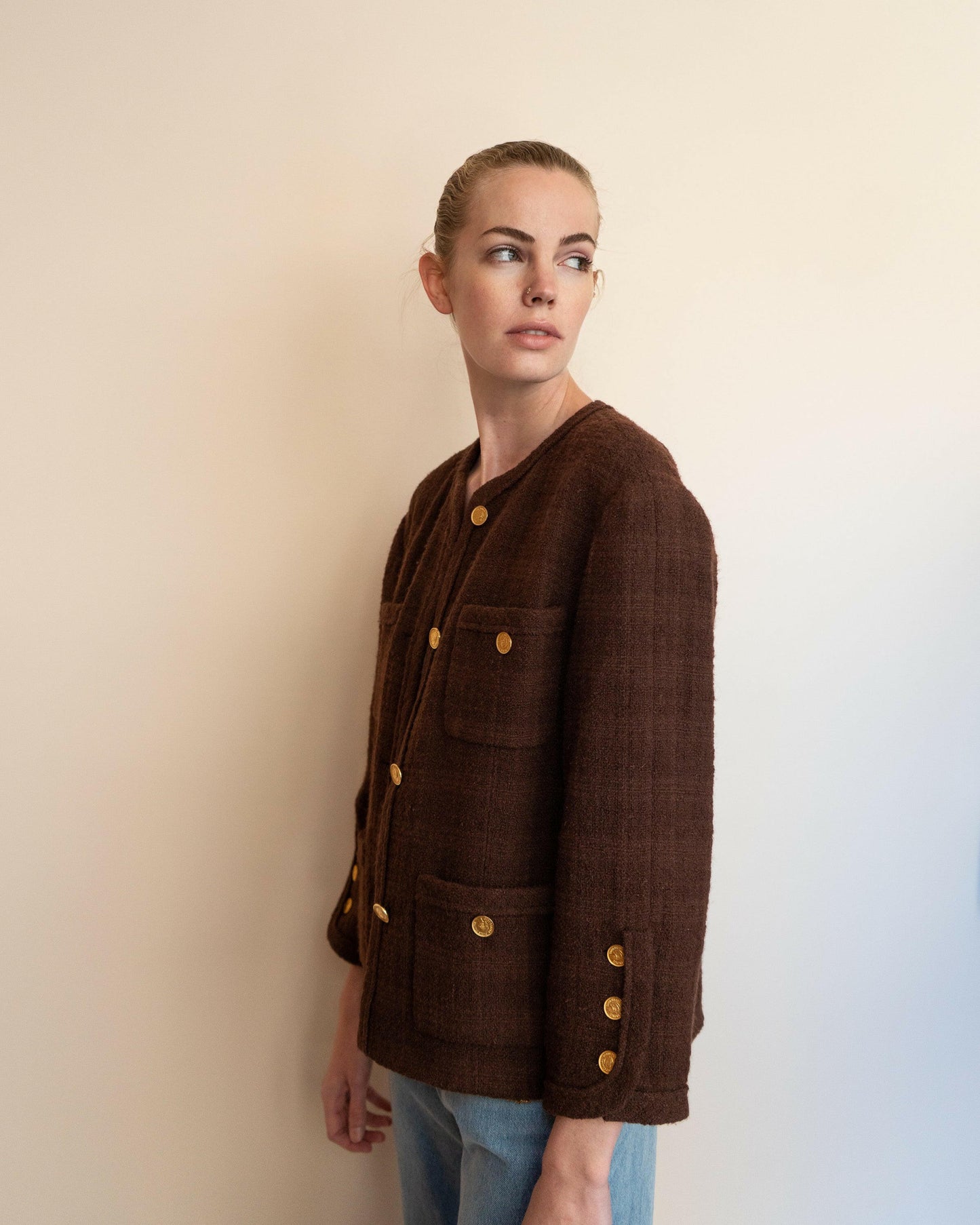 FR40-42 Rare Chanel Fall 1987 Classic Collarless Four-Pocketed Plaid Tweed Jacket in Chocolate - Vintage Chanel Jacket - Jacket - Rarchive.