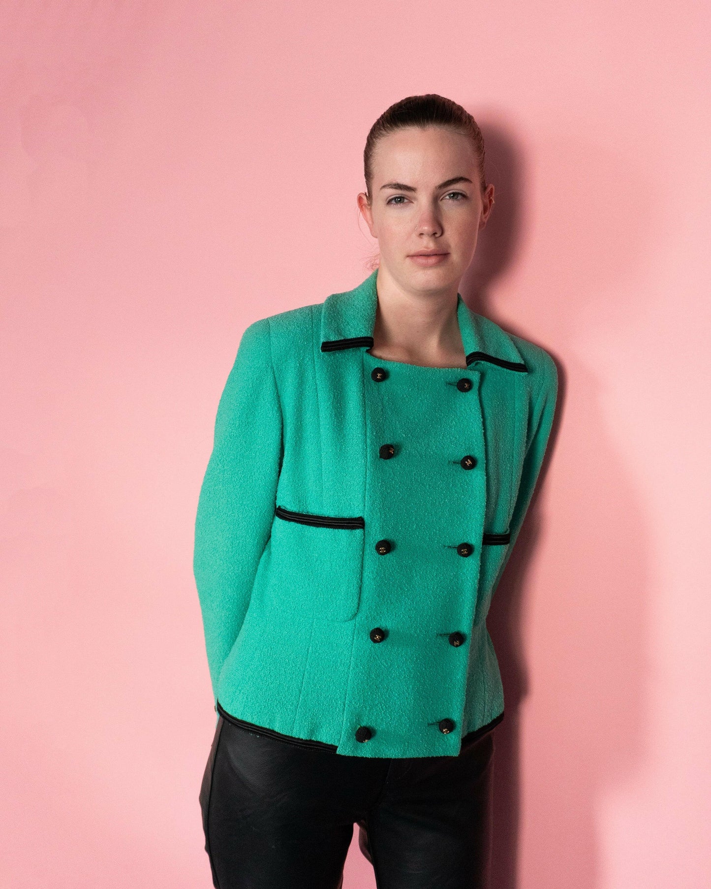 FR38-40 Rare Chanel Cruise 1990 Double-Breasted Green Tweed Boucle Jacket - Vintage Chanel Jacket - - Rarchive.