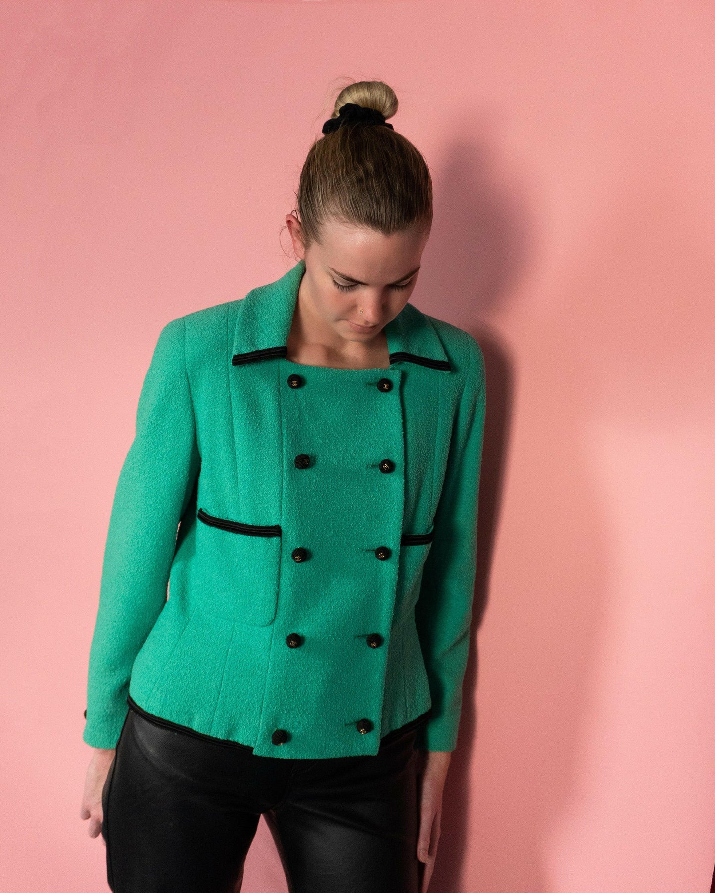 FR38-40 Rare Chanel Cruise 1990 Double-Breasted Green Tweed Boucle Jacket - Vintage Chanel Jacket - - Rarchive.