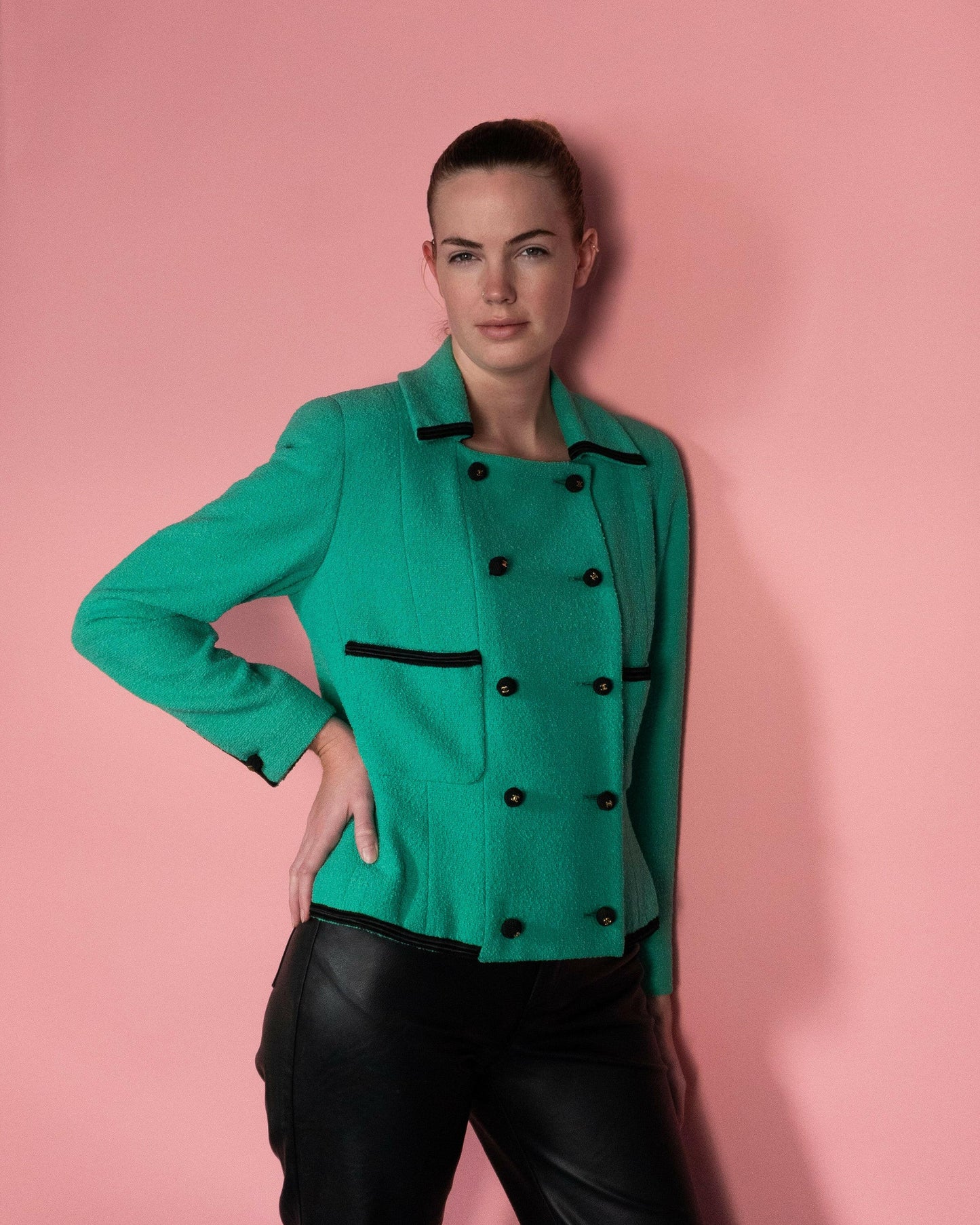 FR38-40 Rare Chanel Cruise 1990 Double-Breasted Green Tweed Boucle Jacket - Vintage Chanel Jacket - - Rarchive.