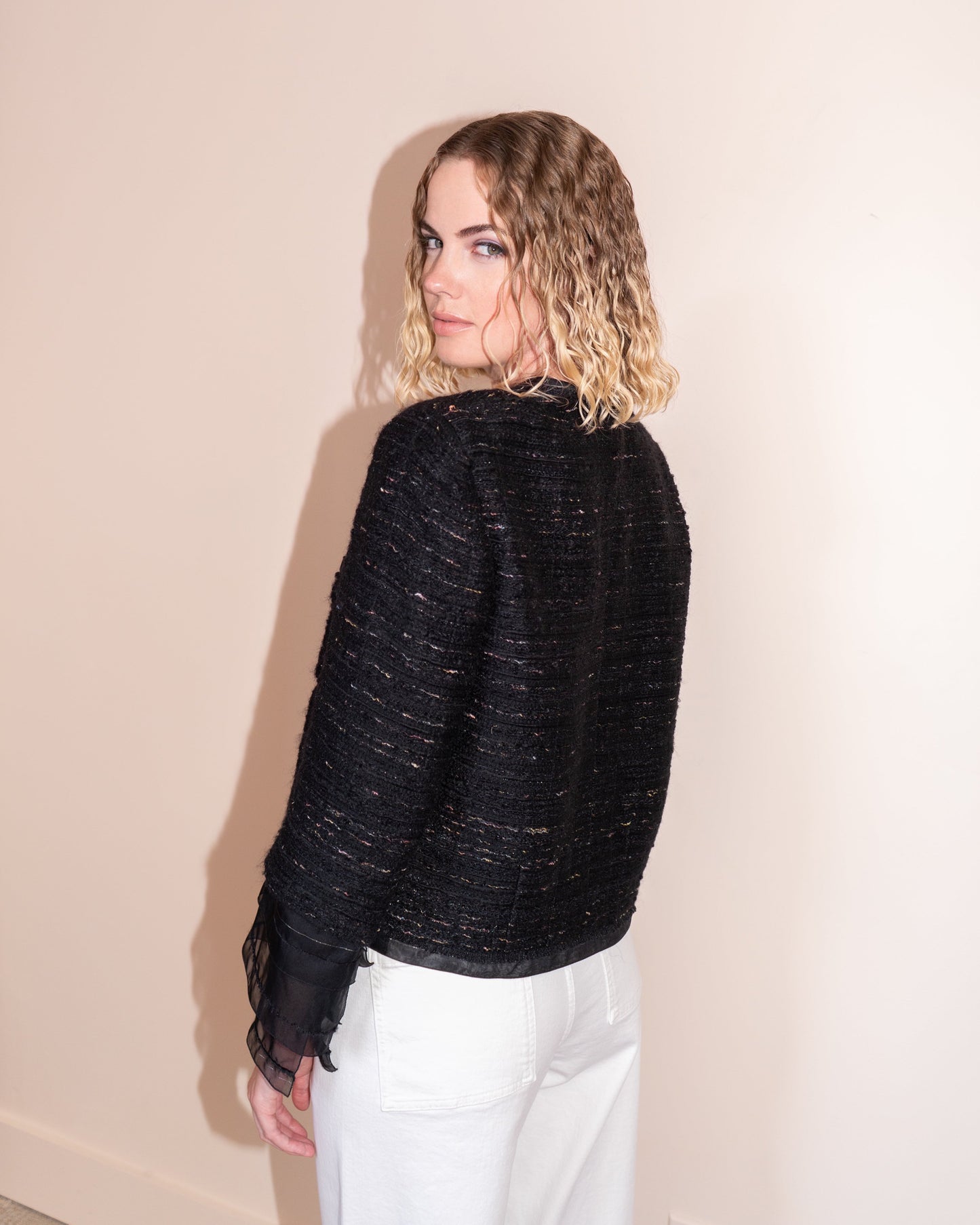 FR40-42 Chanel Fall 2004 Chiffon Details Two Pocketed Collarless Tweed Jacket - Vintage Chanel Jacket -   - Rarchive.