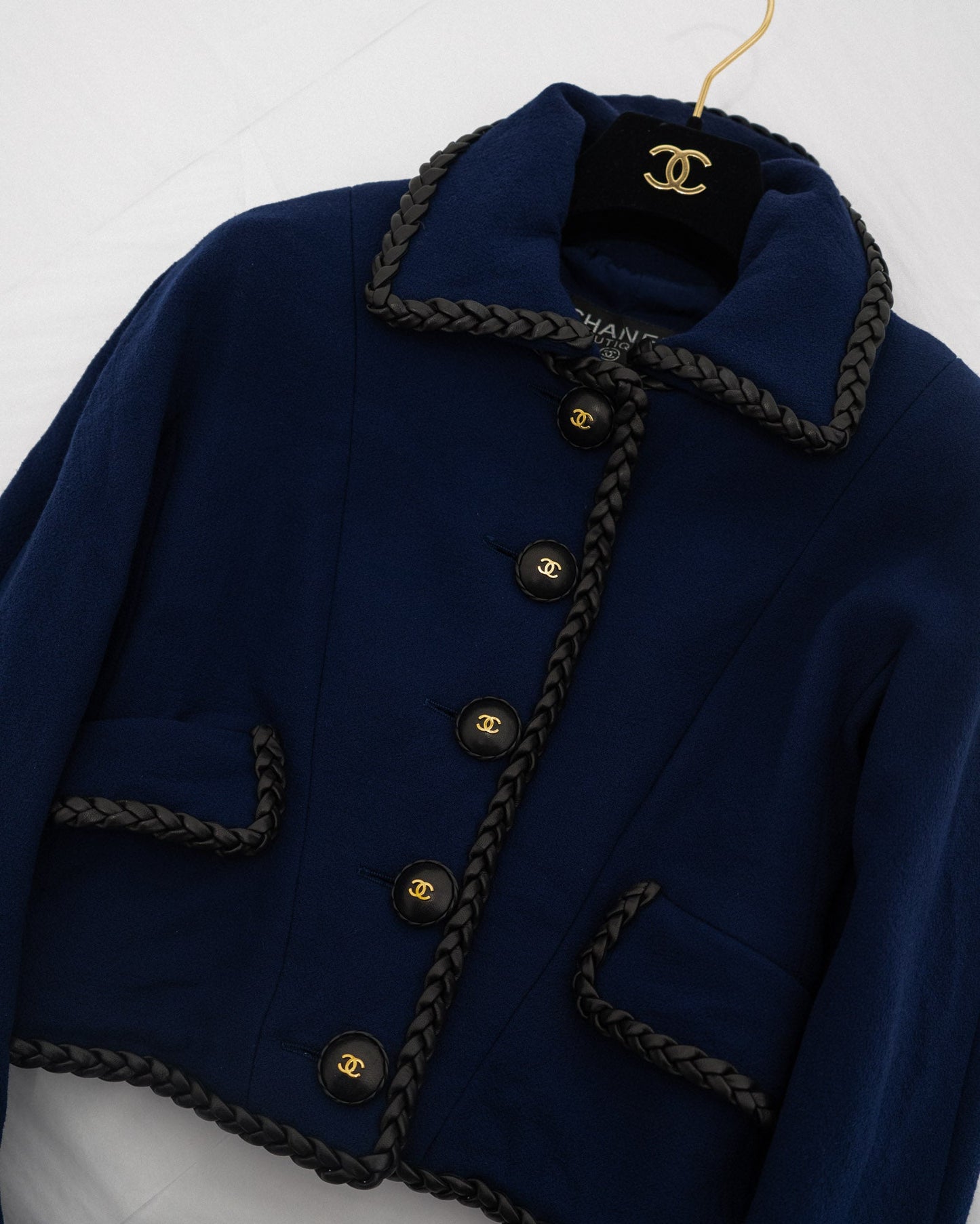 FR36 Chanel Fall 1989 Leather Trim Cropped Wool Jacket in Dark Blue - Vintage Chanel Jacket -   - Rarchive.