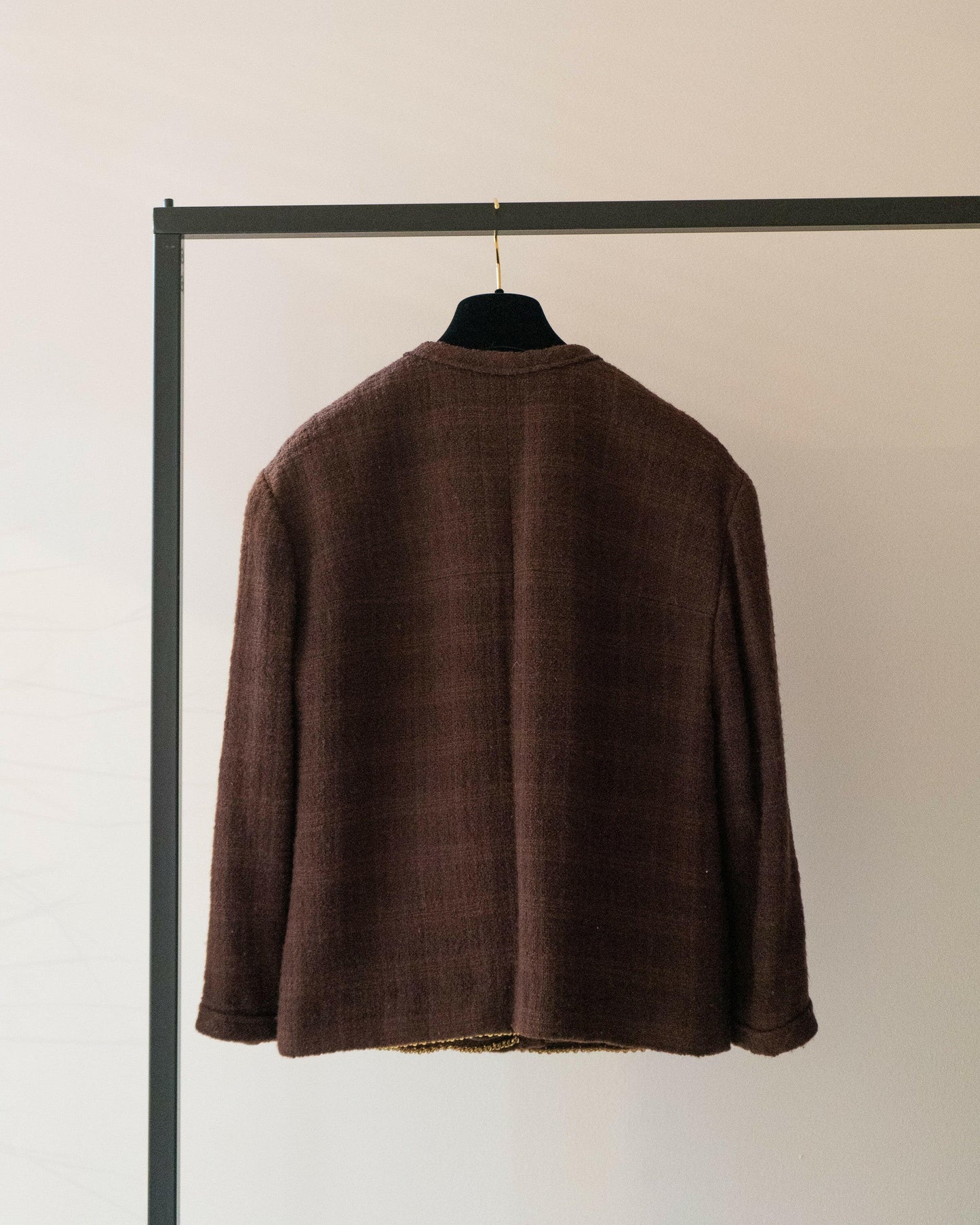 FR40-42 Rare Chanel Fall 1987 Classic Collarless Four-Pocketed Plaid Tweed Jacket in Chocolate - Vintage Chanel Jacket - Jacket - Rarchive.