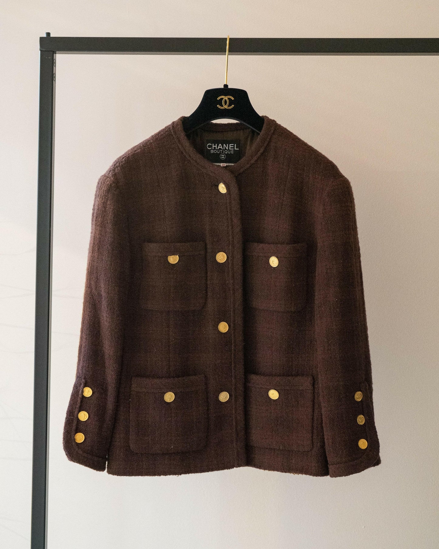 FR40-42 Rare Chanel Fall 1987 Classic Collarless Four-Pocketed Plaid Tweed Jacket in Chocolate - Vintage Chanel Jacket - Jacket - Rarchive.