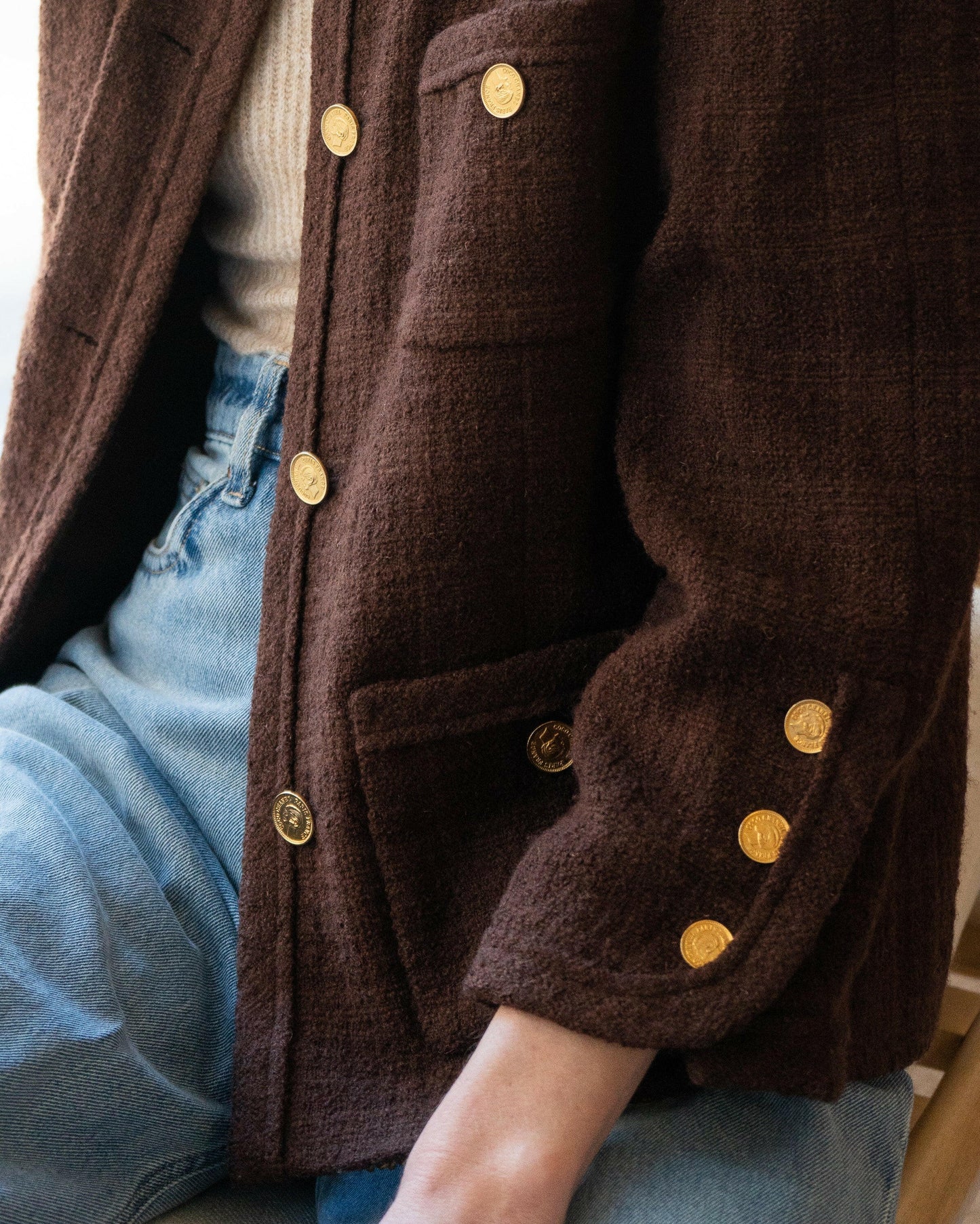 FR40-42 Rare Chanel Fall 1987 Classic Collarless Four-Pocketed Plaid Tweed Jacket in Chocolate - Vintage Chanel Jacket - Jacket - Rarchive.