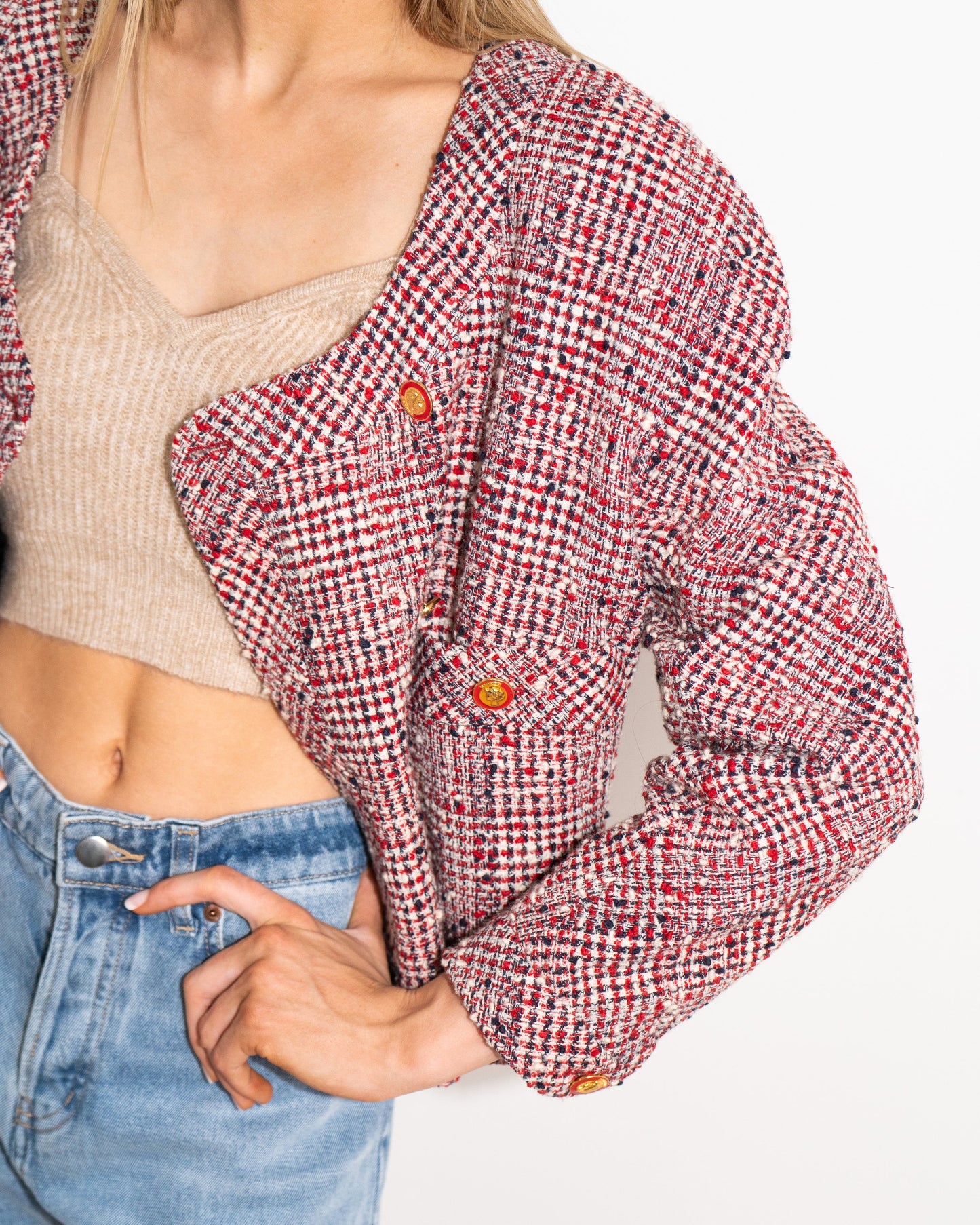 FR40-44 Chanel 1980s Two Pocketed Double Breasted Cropped Jacket - Vintage Chanel Jacket - - Rarchive.