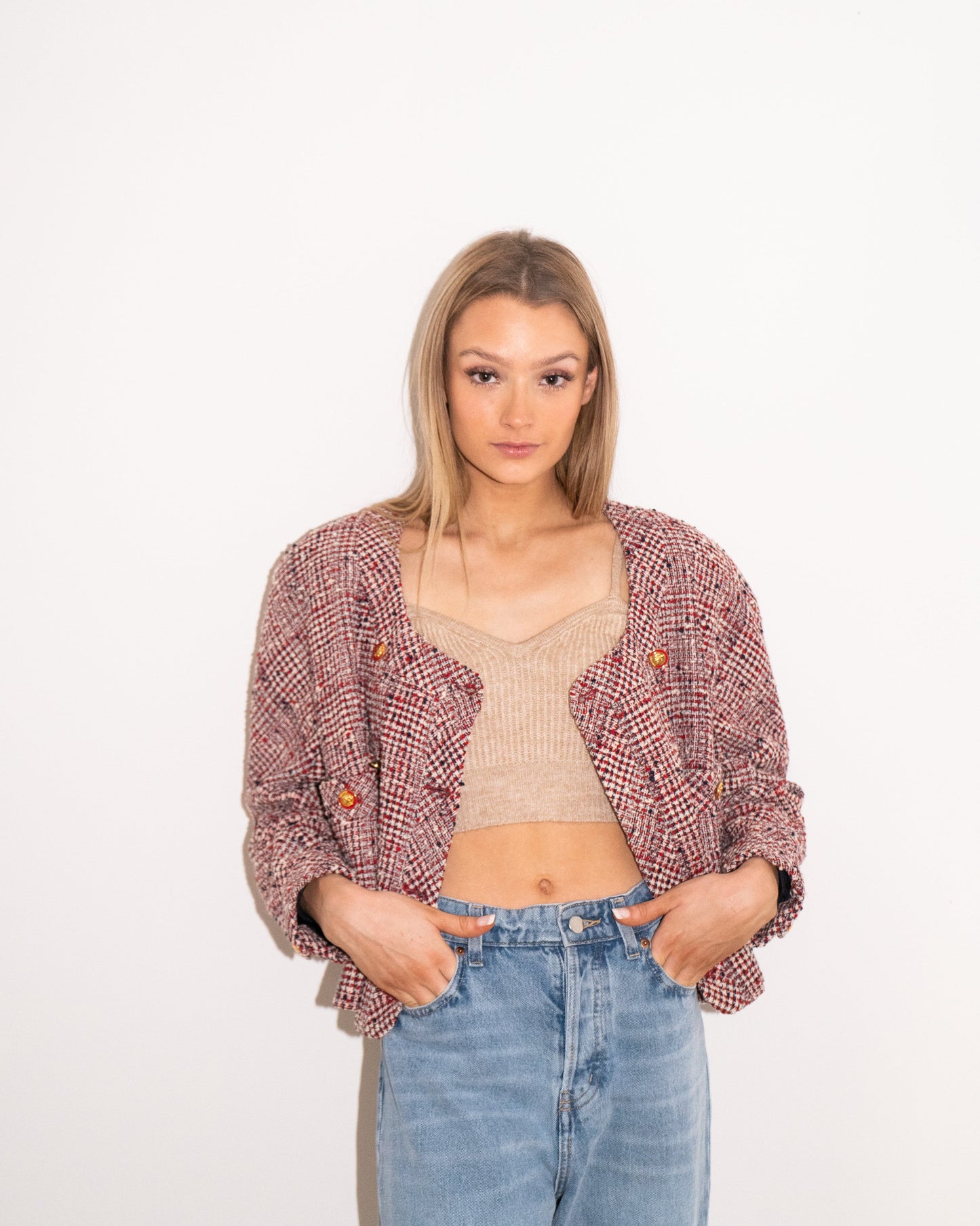 FR40-44 Chanel 1980s Two Pocketed Double Breasted Cropped Jacket - Vintage Chanel Jacket - - Rarchive.