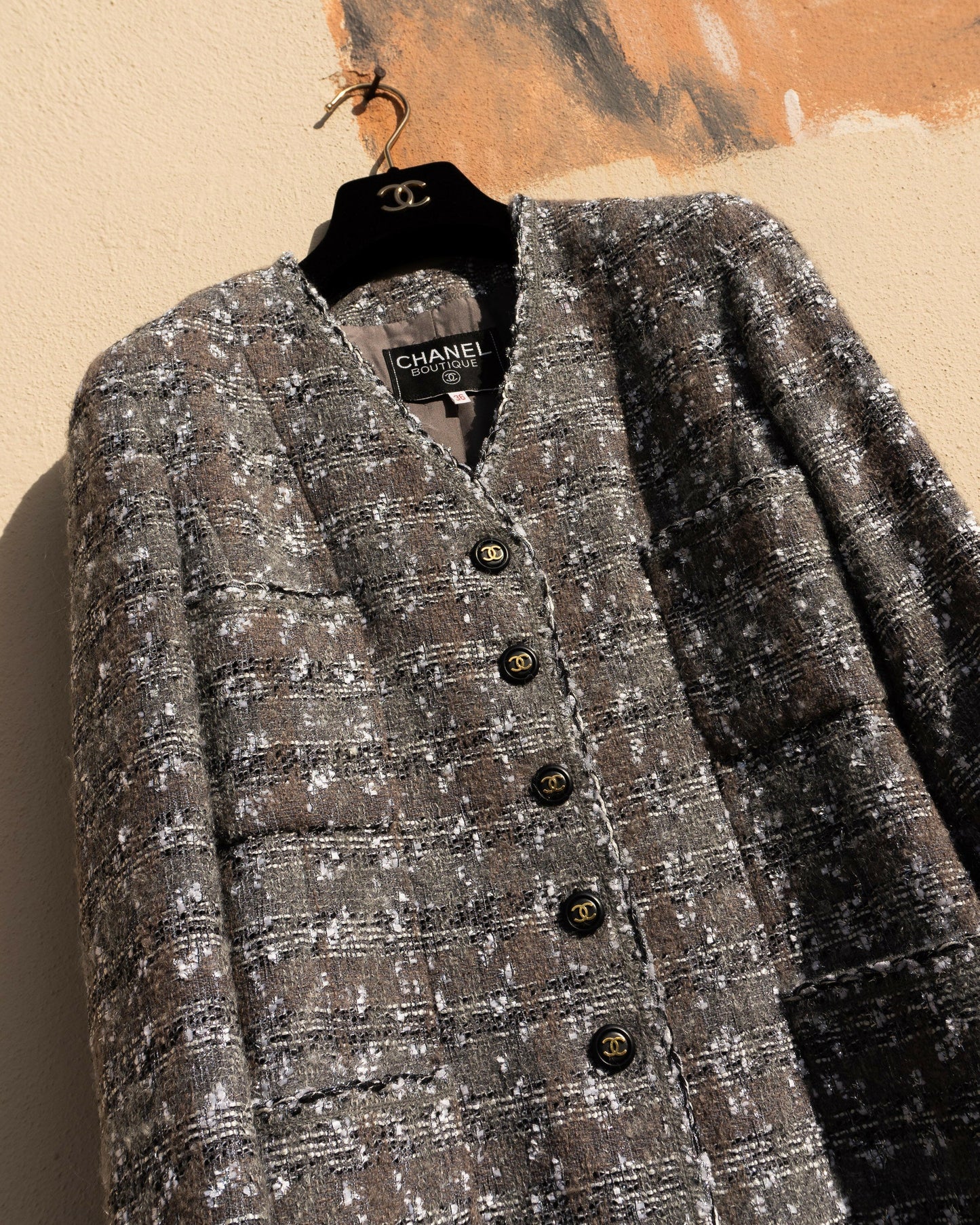 FR34-36 Rare Chanel Fall 1993 Four Pocketed Gray and Silver Fantasy Tweed Jacket - Vintage Chanel Jacket - - Rarchive.