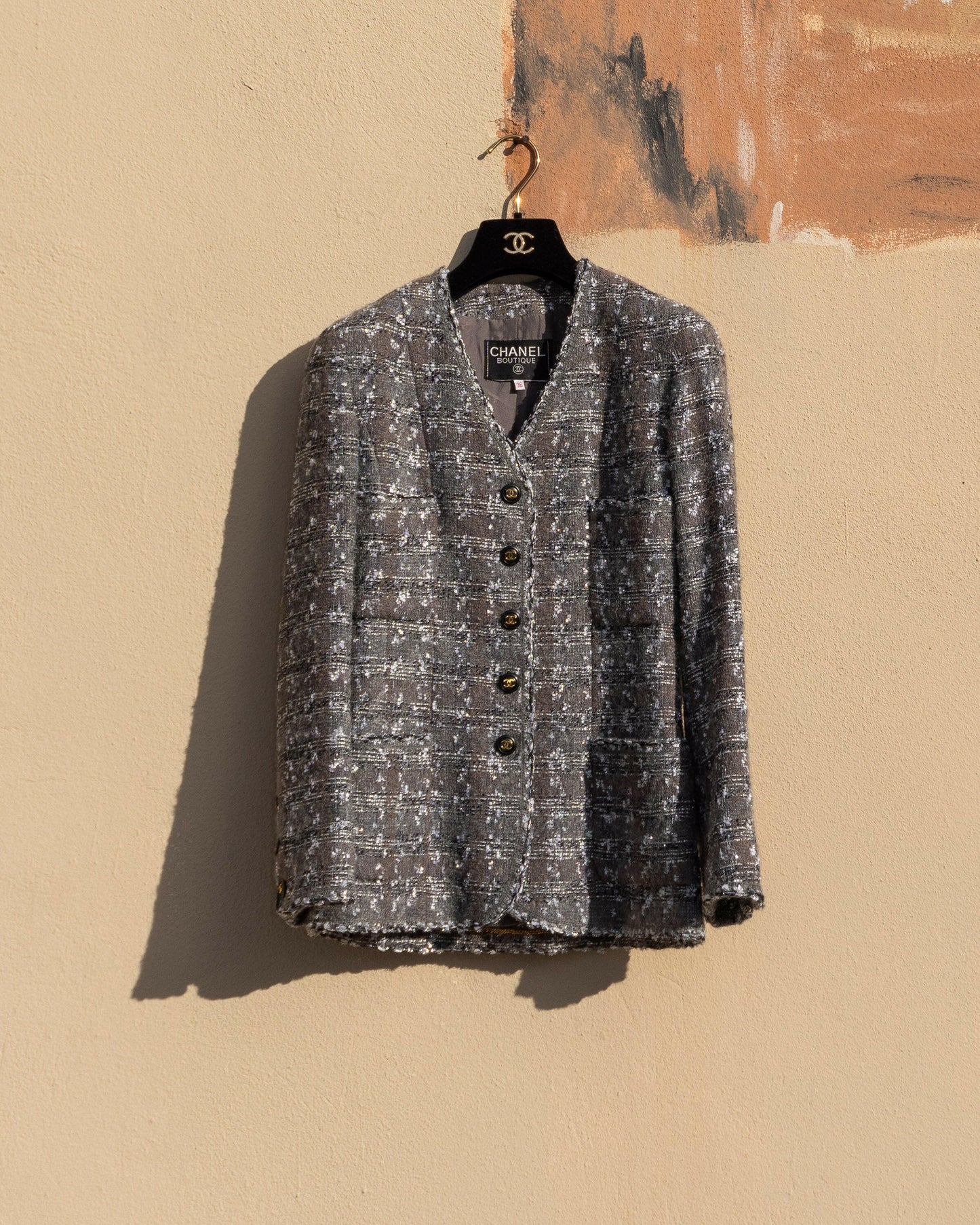FR34-36 Rare Chanel Fall 1993 Four Pocketed Gray and Silver Fantasy Tweed Jacket - Vintage Chanel Jacket - - Rarchive.