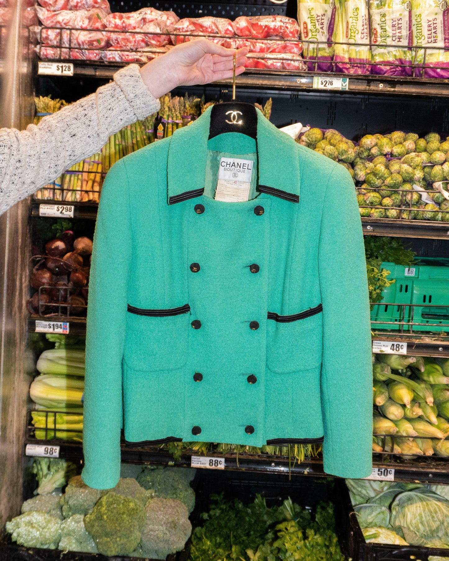 FR38-40 Rare Chanel Cruise 1990 Double-Breasted Green Tweed Boucle Jacket - Vintage Chanel Jacket - - Rarchive.