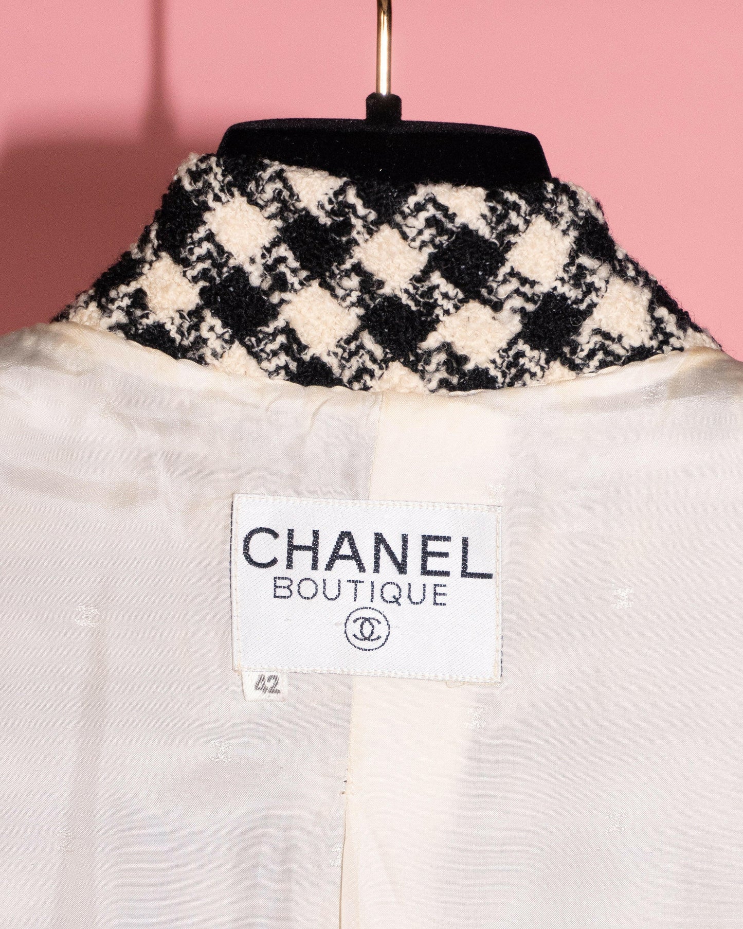 FR40-42 Chanel Spring 1989 High Collar Black and White Houndstooth Tweed Jacket - Vintage Chanel Jacket - - Rarchive.