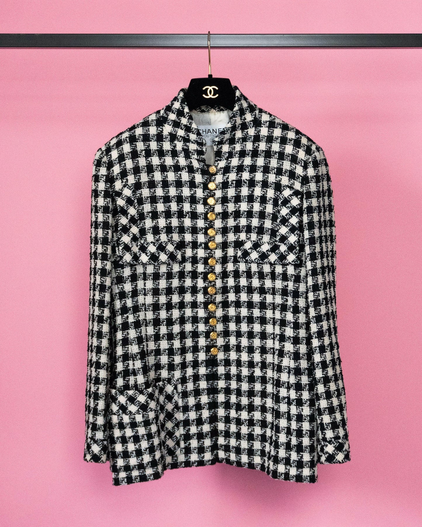 FR40-42 Chanel Spring 1989 High Collar Black and White Houndstooth Tweed Jacket