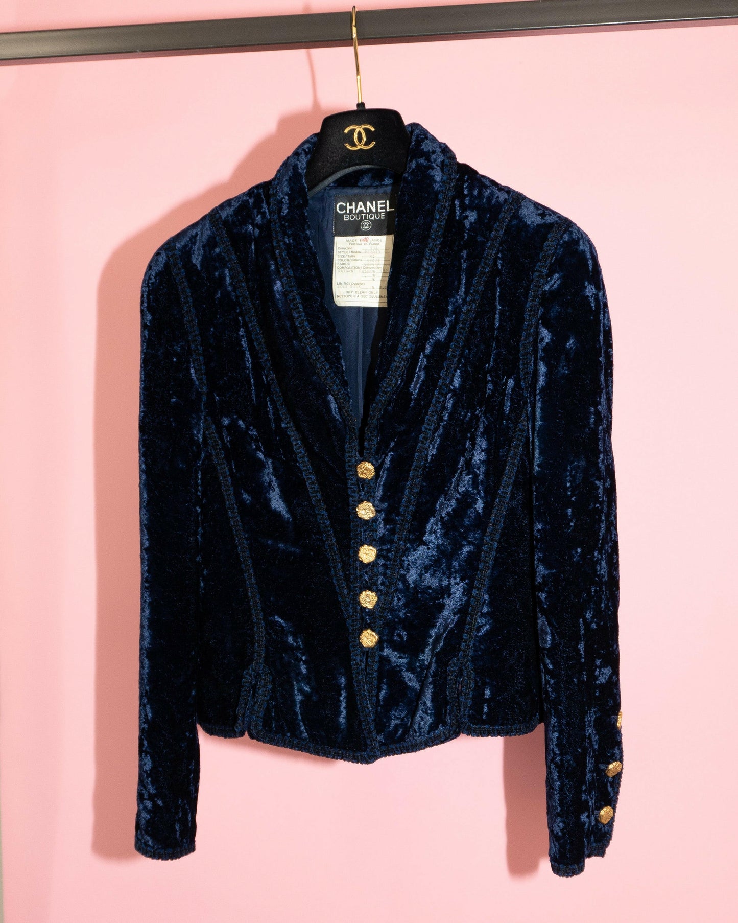 FR34-36 Chanel Fall 1993 Fitted Cut Dark Blue Velvet Jacket - Vintage Chanel Jacket - - Rarchive.