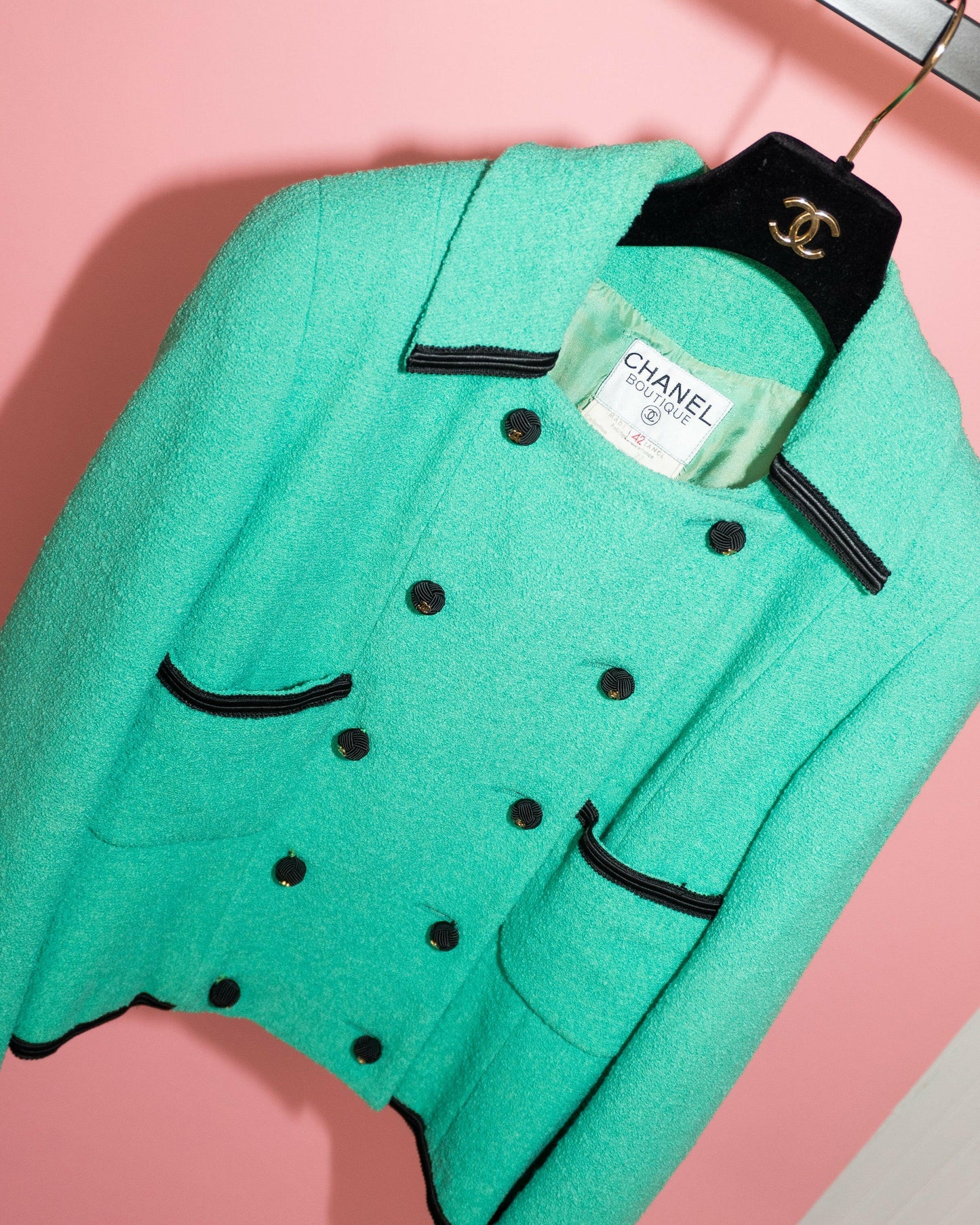 FR38-40 Rare Chanel Cruise 1990 Double-Breasted Green Tweed Boucle Jacket - Vintage Chanel Jacket - - Rarchive.