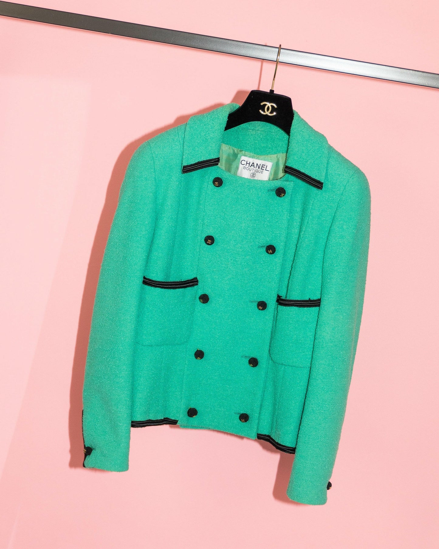 FR38-40 Rare Chanel Cruise 1990 Double-Breasted Green Tweed Boucle Jacket - Vintage Chanel Jacket - - Rarchive.