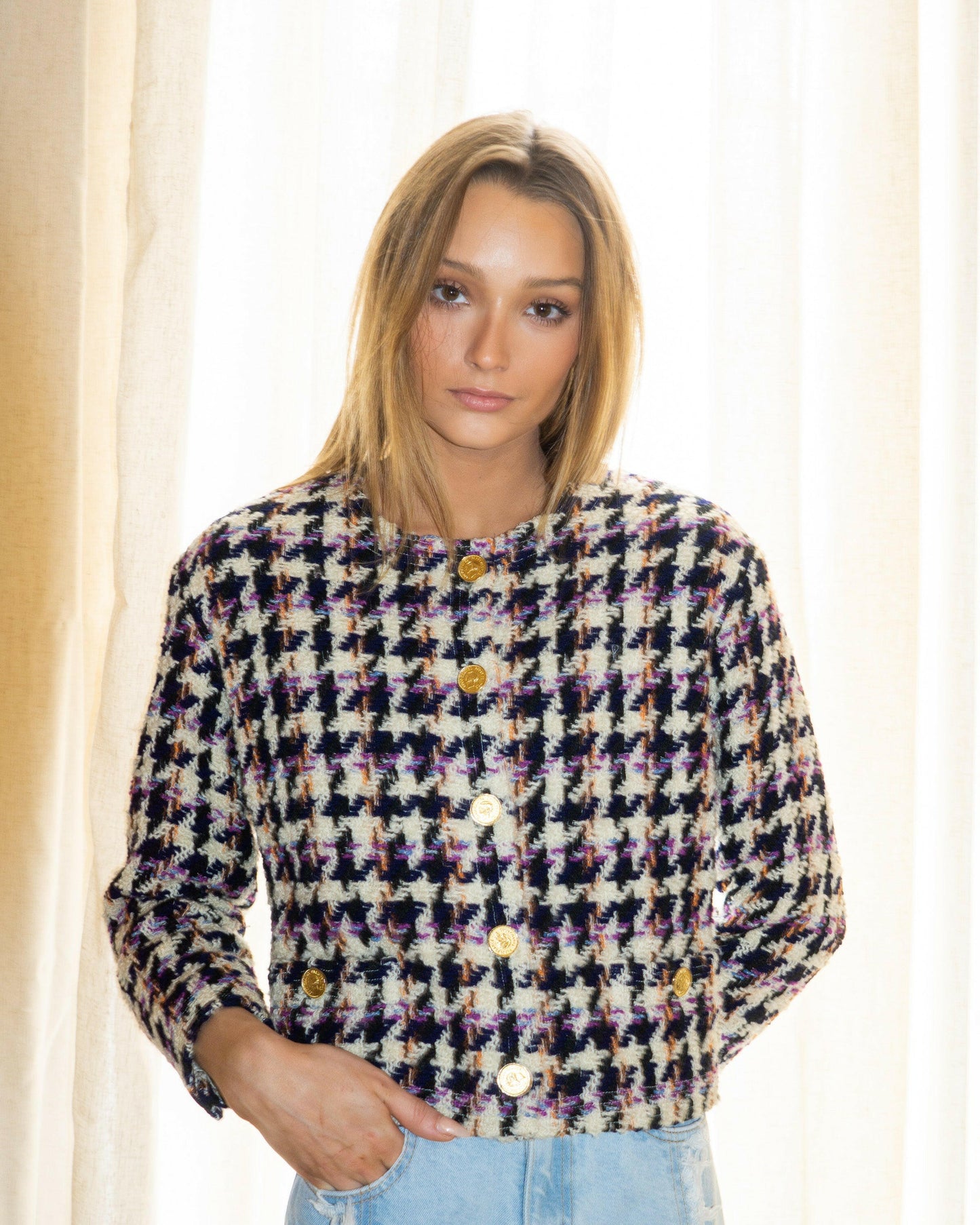 FR36-38 Chanel Fall 1987 Collarless Two-Pocketed Multicolor Houndstooth Tweed Jacket - Vintage Chanel Jacket - - Rarchive.