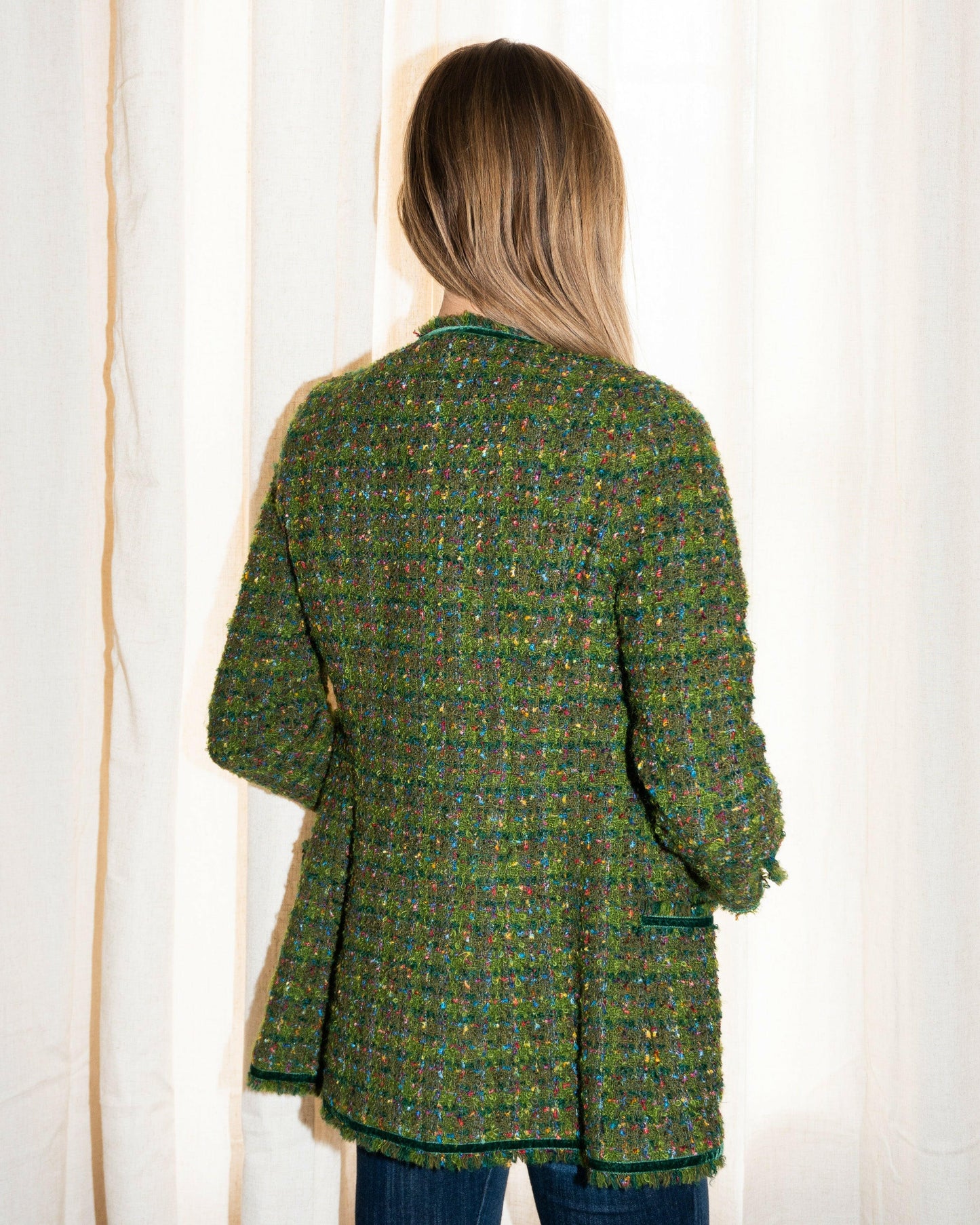 FR34 Fall 1990 Four Pocketed Collarless Green Fantasy Tweed Jacket - Vintage Chanel Jacket - - Rarchive.