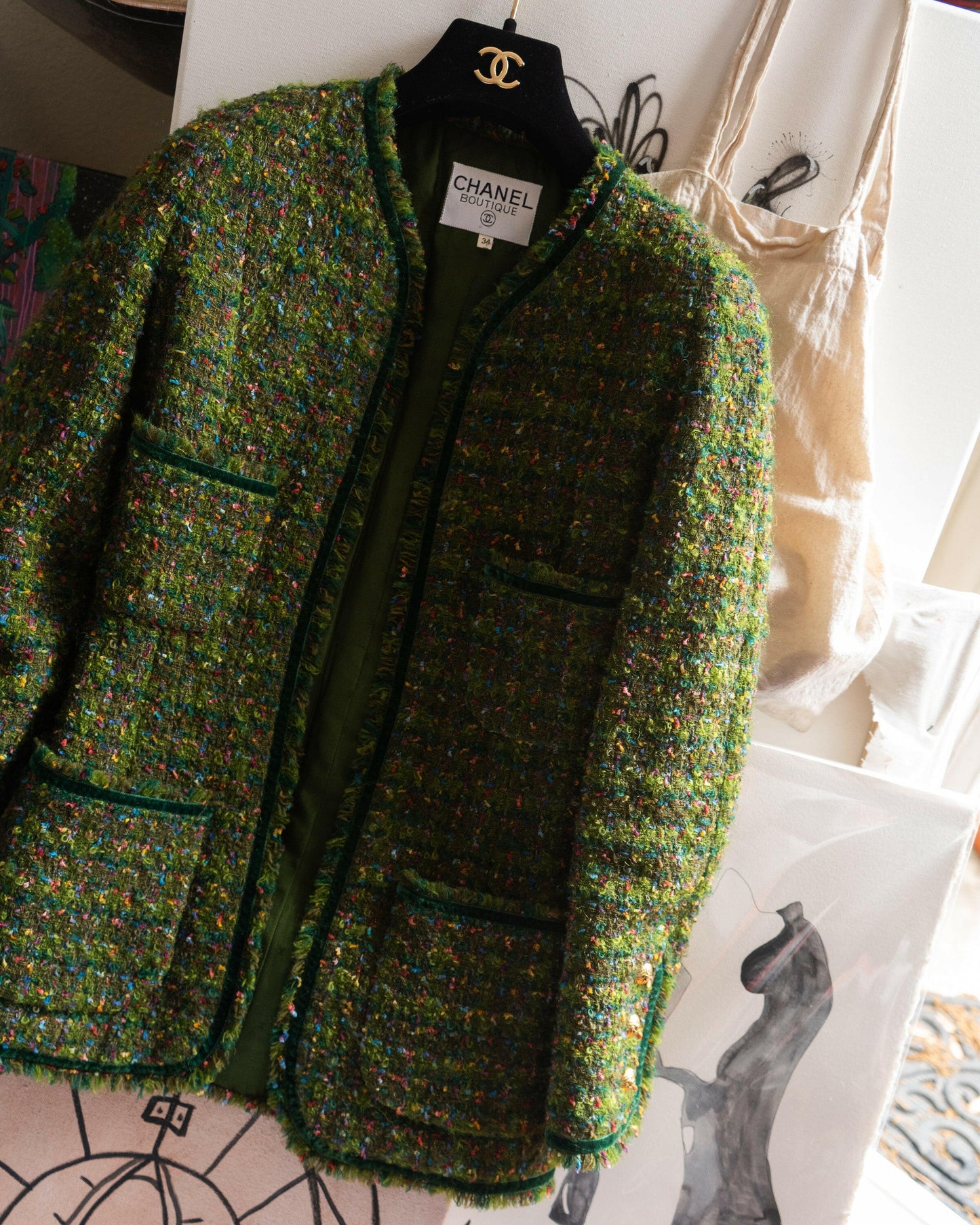 FR34 Fall 1990 Four Pocketed Collarless Green Fantasy Tweed Jacket - Vintage Chanel Jacket - - Rarchive.