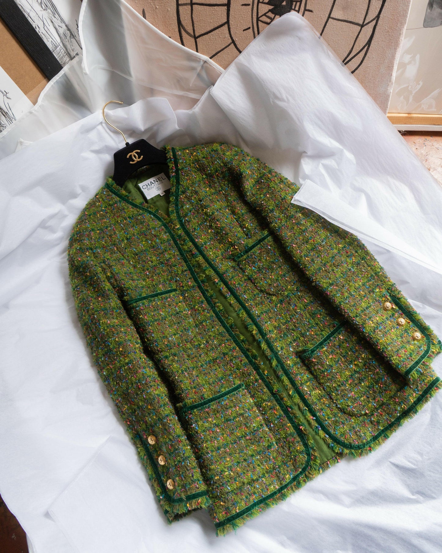 FR34 Fall 1990 Four Pocketed Collarless Green Fantasy Tweed Jacket - Vintage Chanel Jacket - - Rarchive.