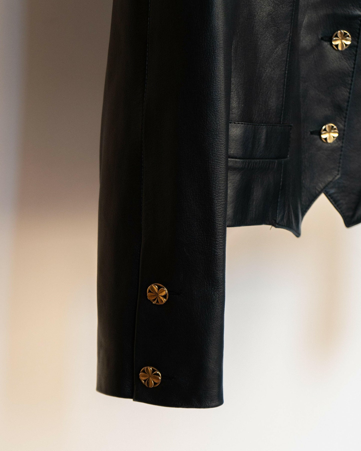 FR40-42 Chanel 1980s Colarless Two-Pocketed Black Leather Jacket - Vintage Chanel Jacket - - Rarchive.