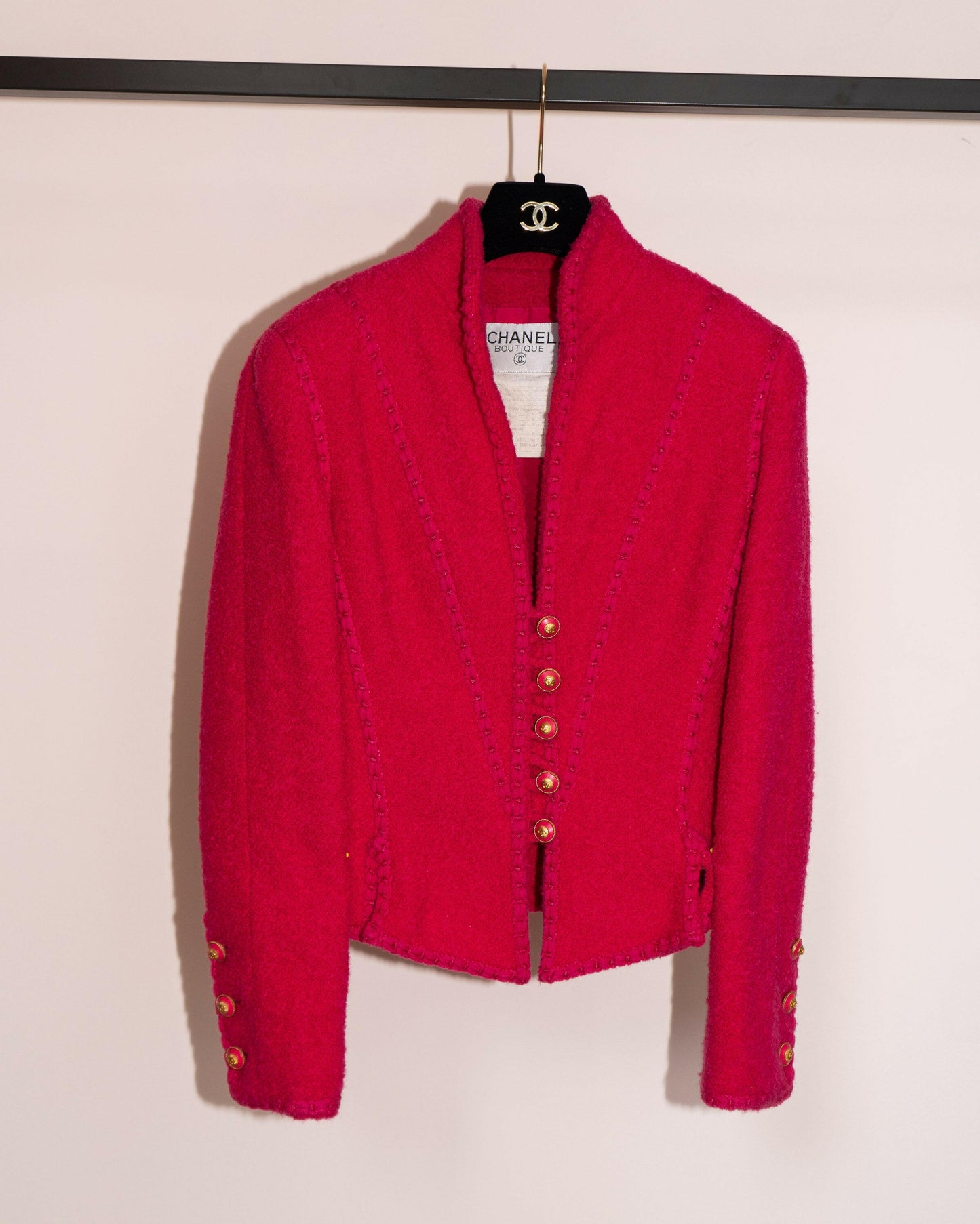 FR34-36 Rare Chanel Fall 1993 Fitted Cut Braided Trim Slit Detail Pink Wool Tweed Jacket - Vintage Chanel Jacket - - Rarchive.