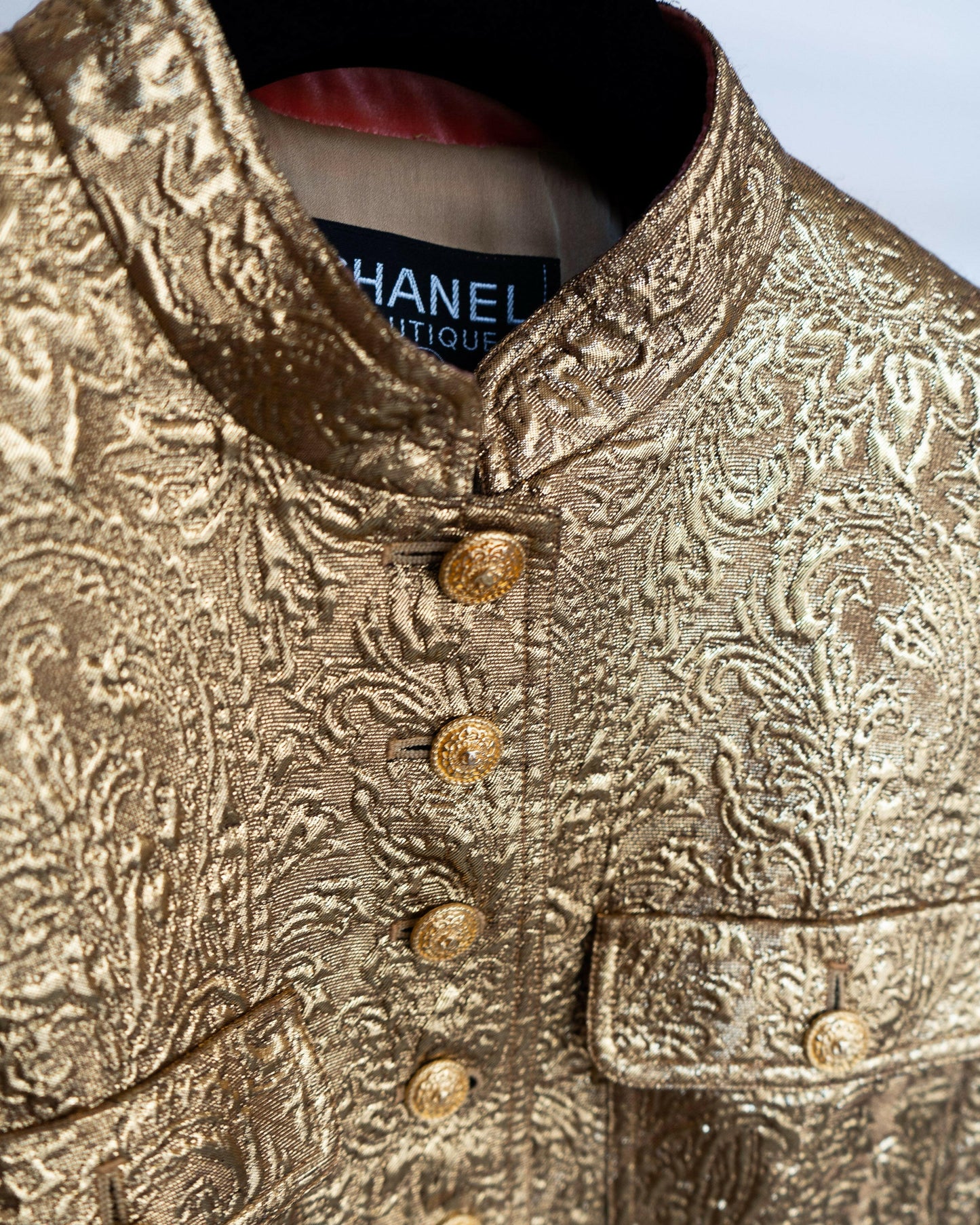 FR38-40 Rare Chanel Fall 1996 High Collar Four-Pocketed Gold Brocade Jacket